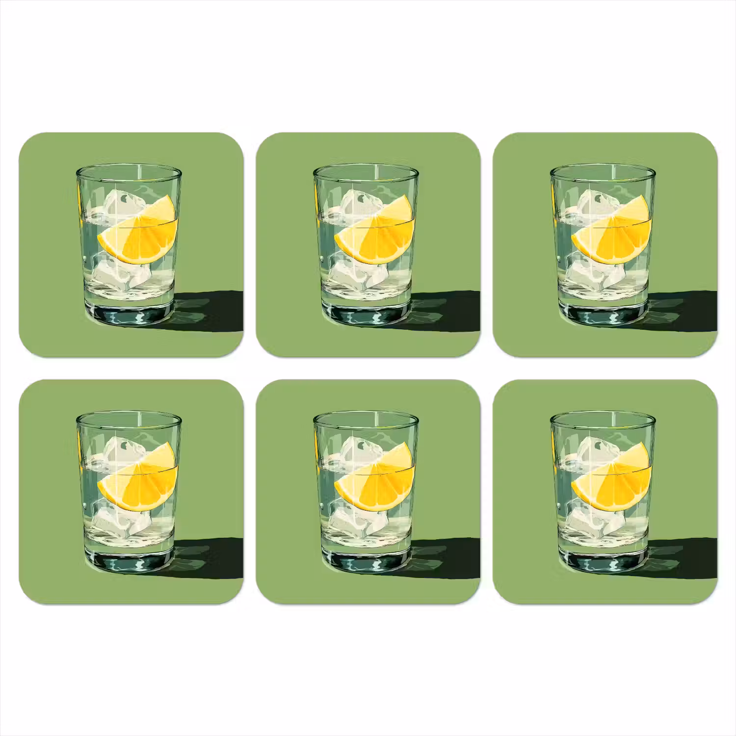 Glas - Citroen - Ijsblokjes - Groen onderzetter kurk middel -3d