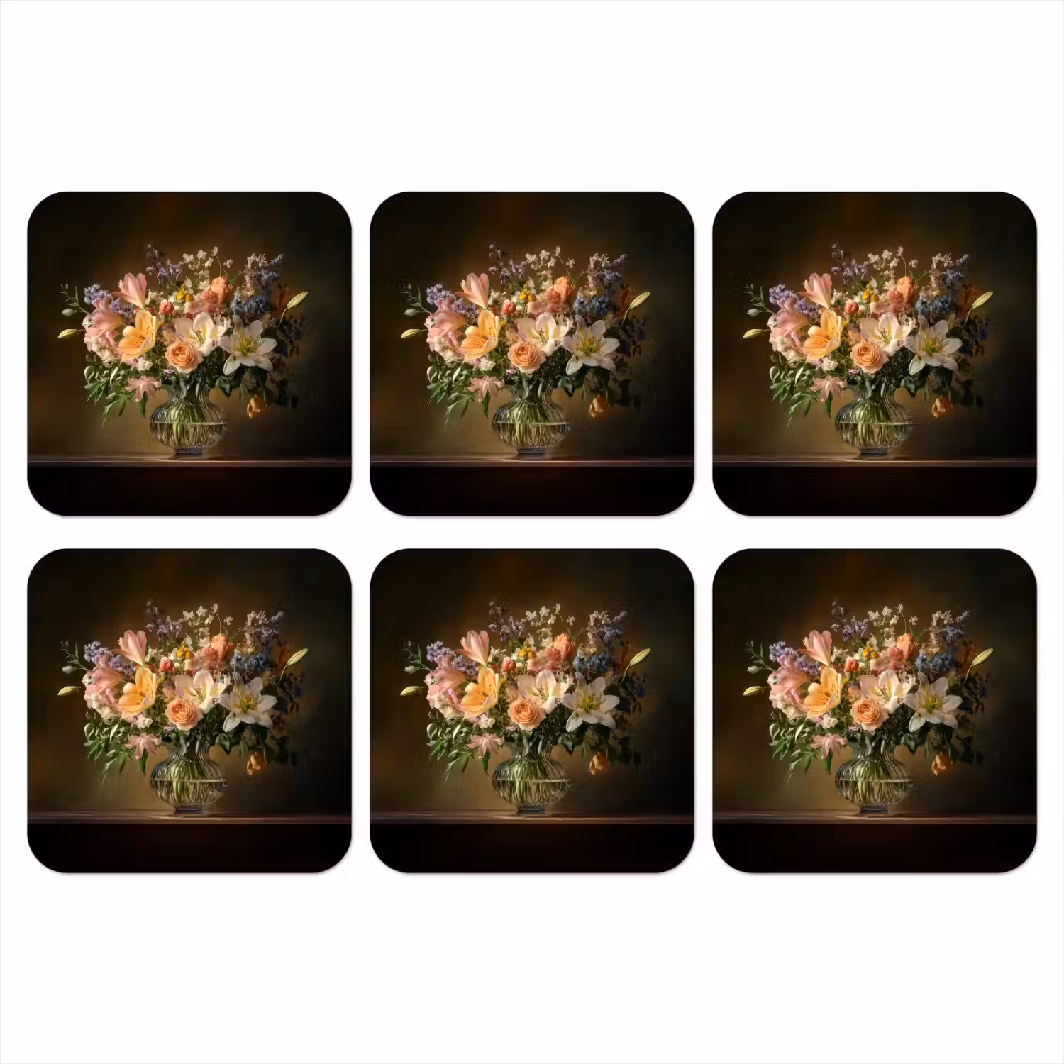 Glazen - Bloemen - Boeket - Kleuren onderzetter kurk middel -3d