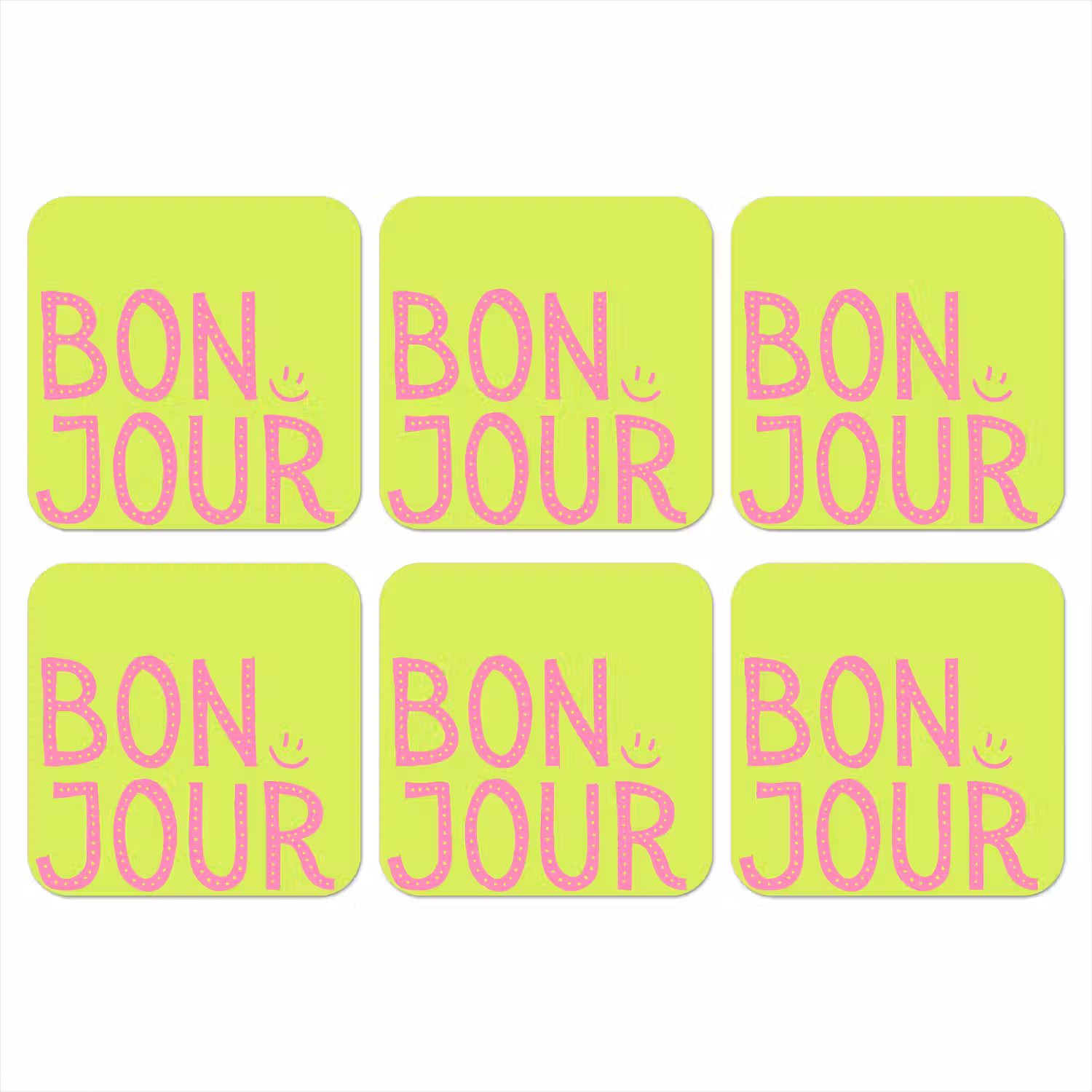 Groen - Smiley - Bonjour - Roze onderzetter kurk middel -3d