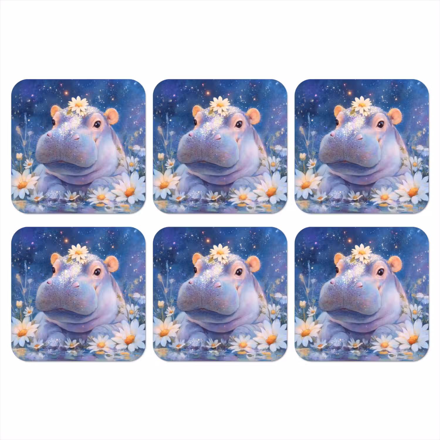 Nijlpaard - Madeliefjes - Sterrenhemel onderzetter kurk middel -3d
