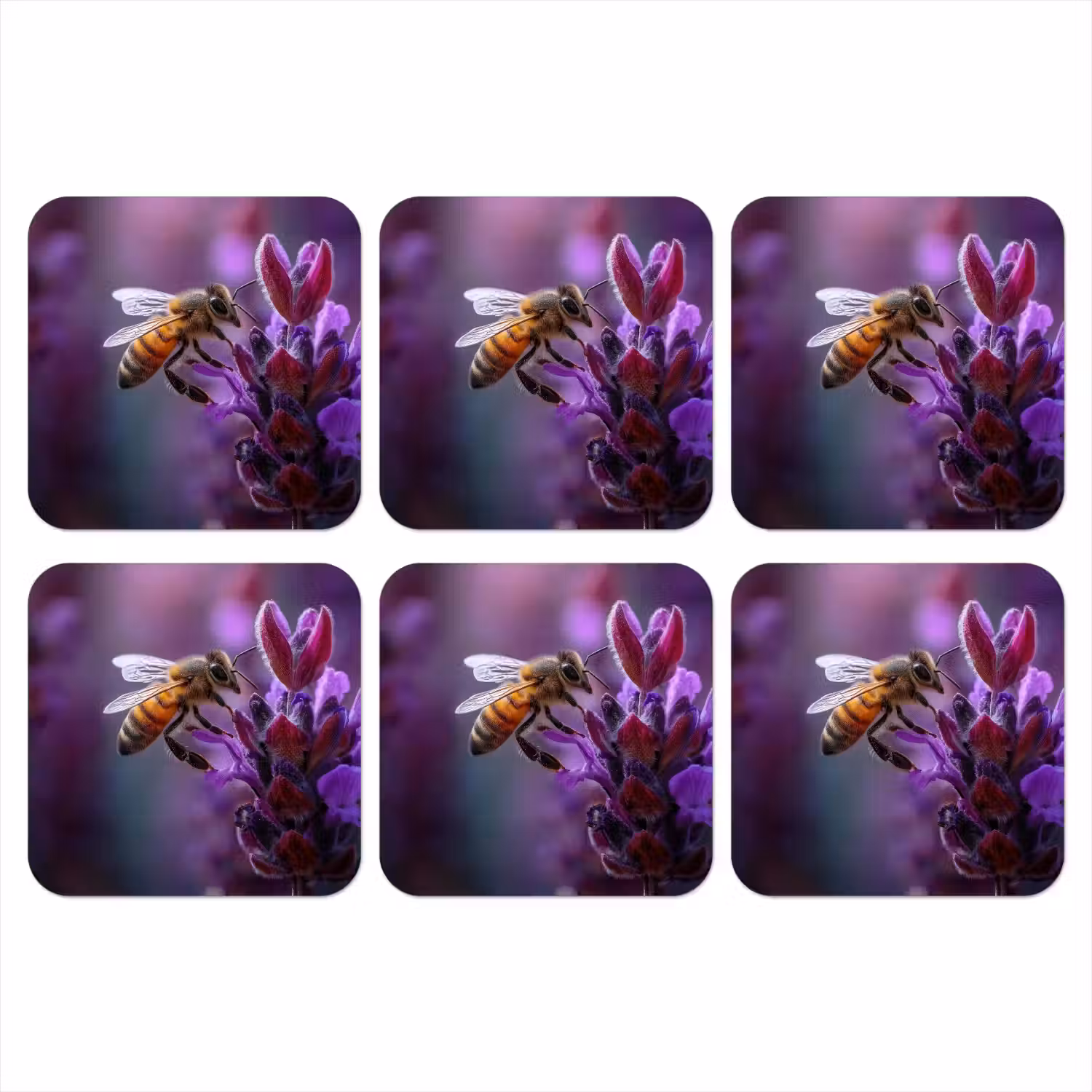 Honingbij - Paarse bloemen - Details onderzetter kurk middel -3d