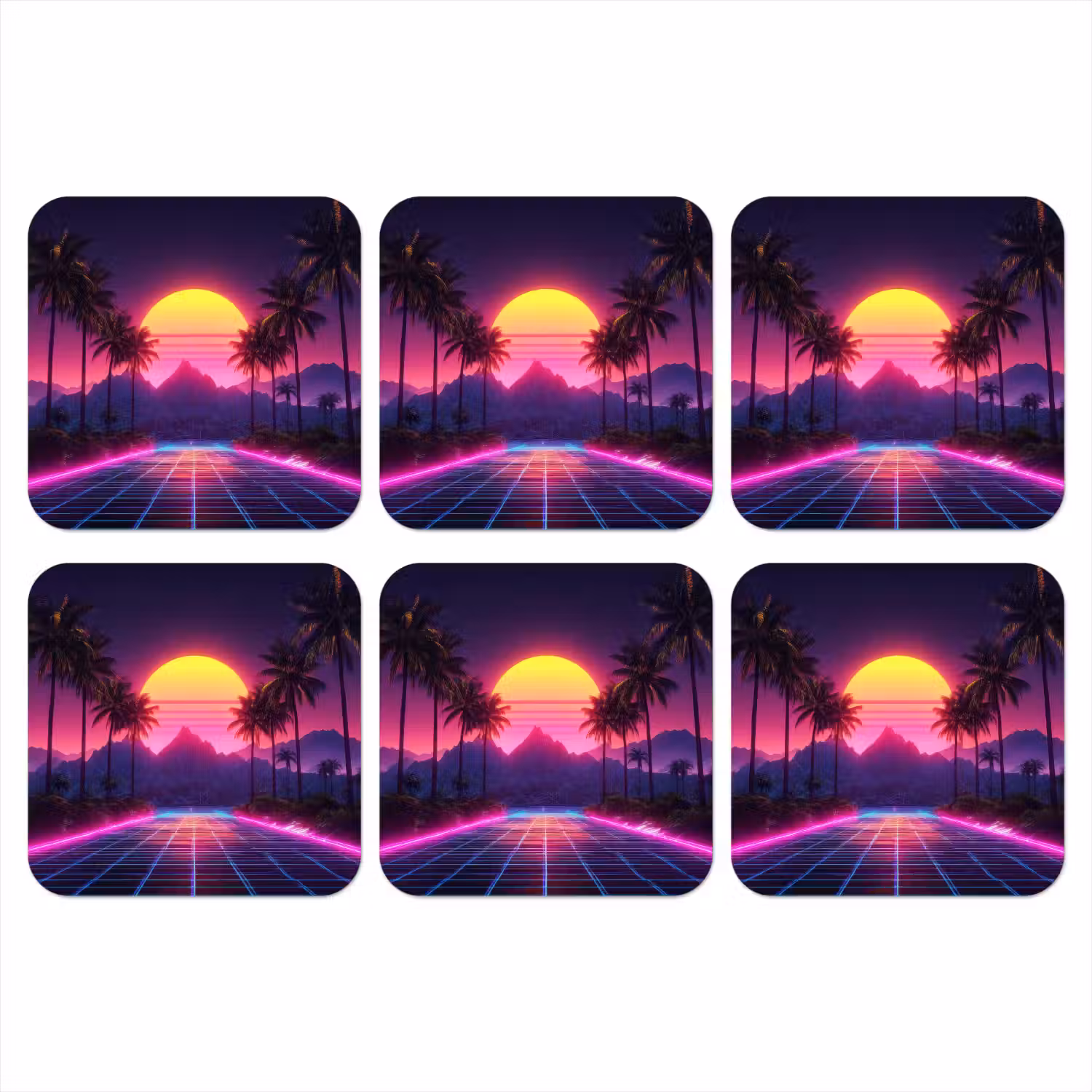Horizon - Palmbomen - Bergen - Geel onderzetter kurk middel -3d