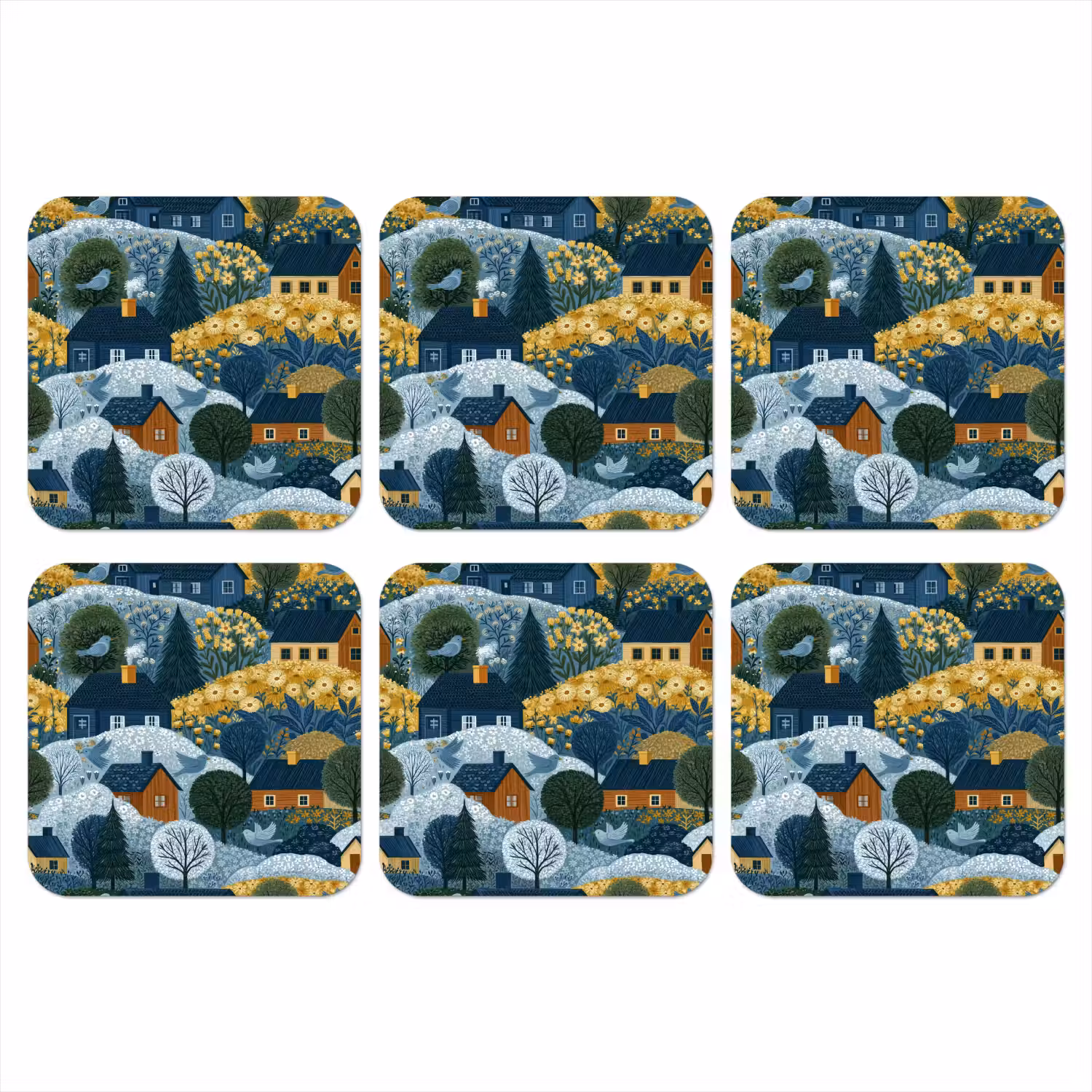 Huisjes - Bloemen - Patroon - Geel - Blauw onderzetter kurk middel 366 -3d