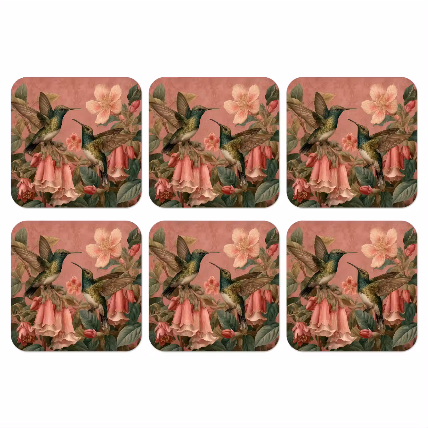 Kolibries - Bloemen - Groen - Roze onderzetter kurk middel -3d