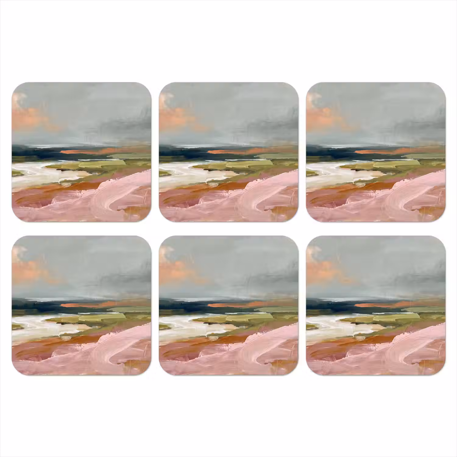 Landschap - Rivier - Abstract - Roze - Groen onderzetter kurk middel -3d