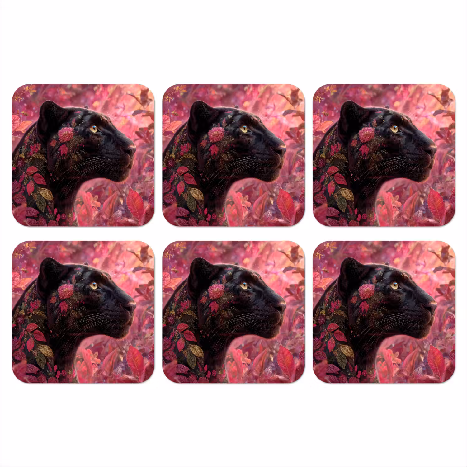 Luipaard - Bloemen - Roze onderzetter kurk middel -3d