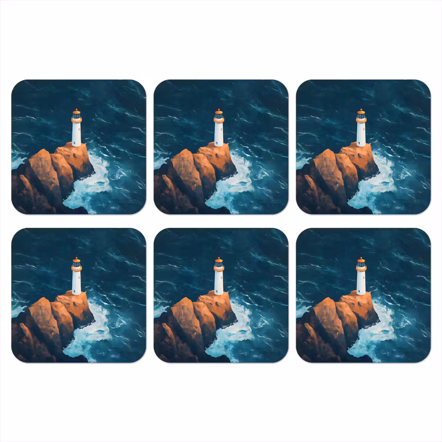Vuurtoren - Rots - Zee - Golven onderzetter kurk middel -3d