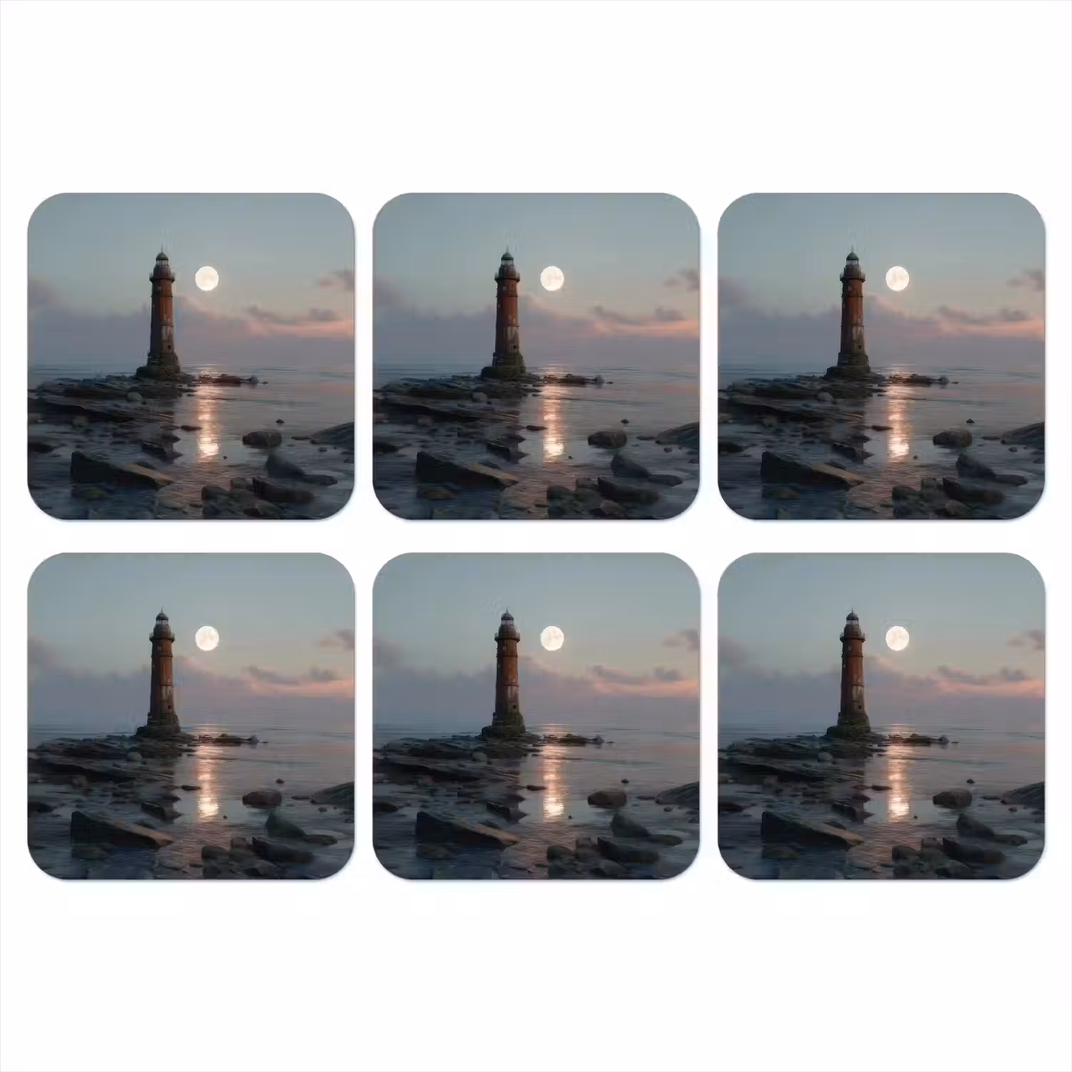 Vuurtoren - Stenen - Water - Maan onderzetter kurk middel -3d