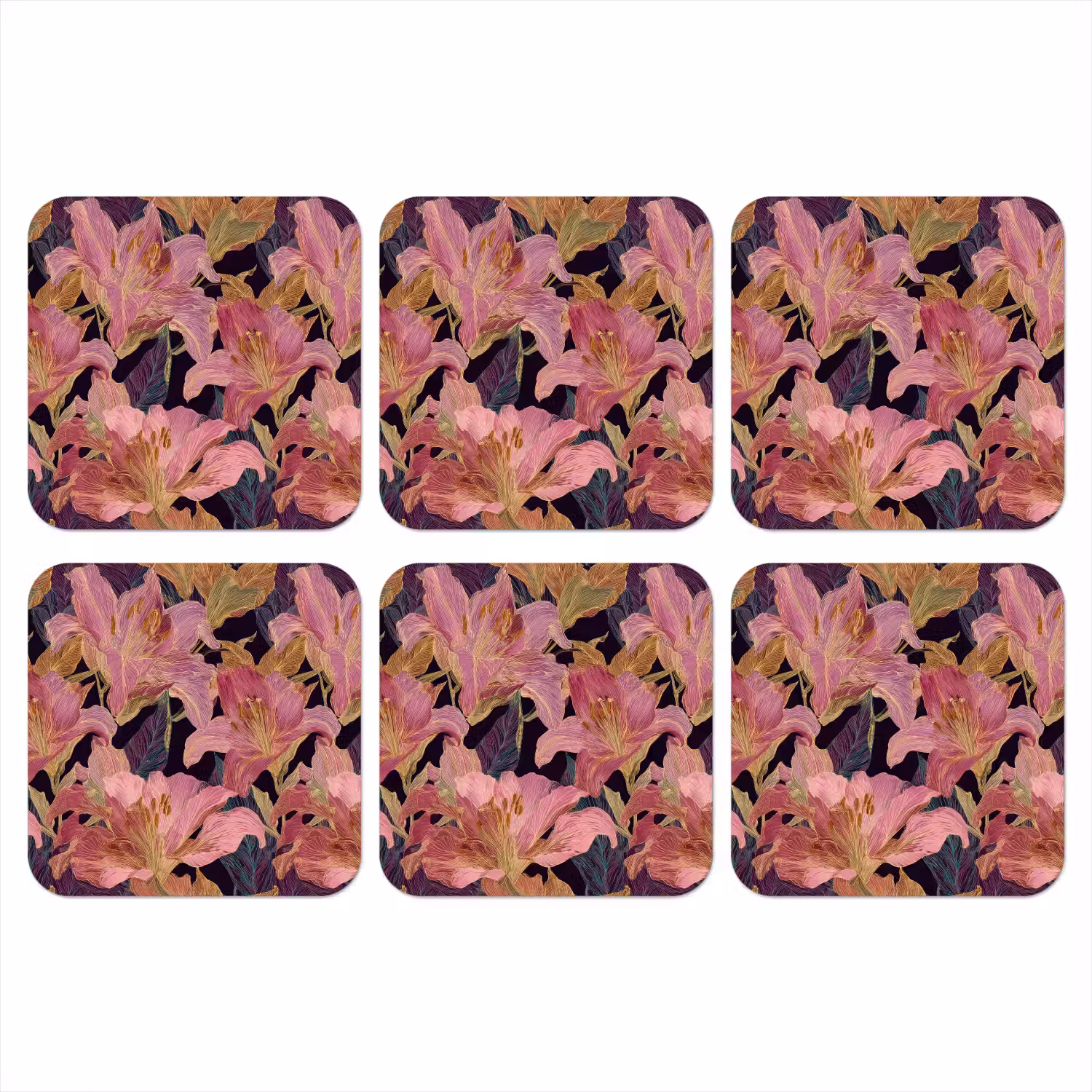 Lelies - Patroon - Roze - Goud onderzetter kurk middel 366 -3d