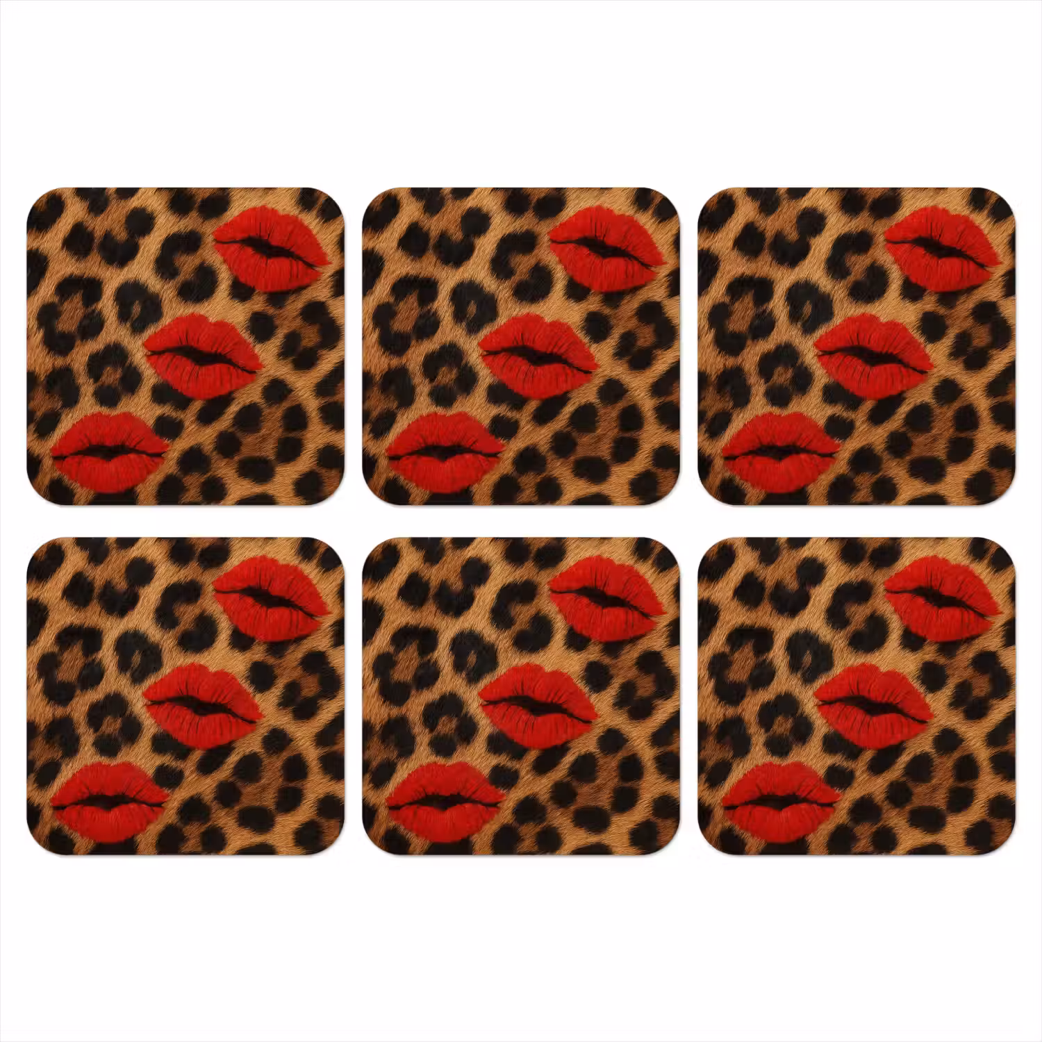 Lippen - Drie - Rood - Panterprint onderzetter kurk middel -3d