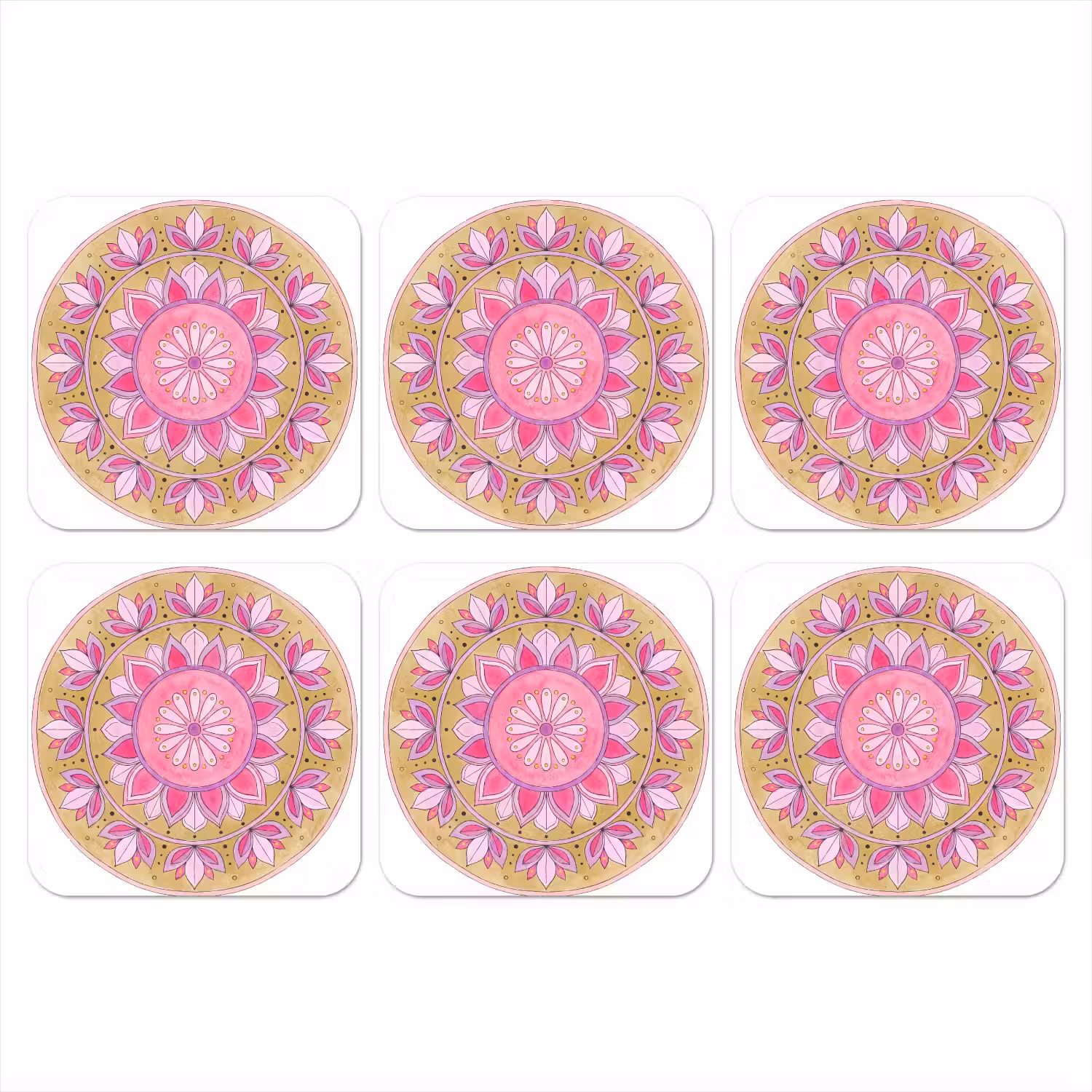 Mandala - Patroon - Kunst - Aquarel - Roze onderzetter kurk middel -3d