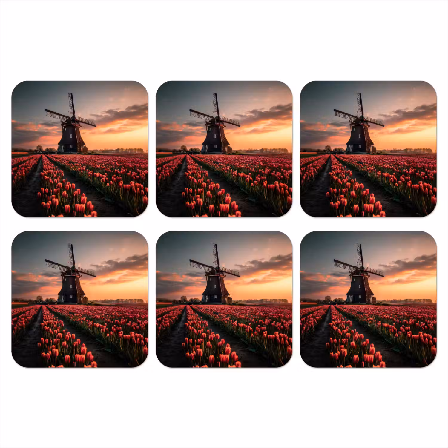 Molen - Zonsondergang - Tulpen - Rood onderzetter kurk middel -3d