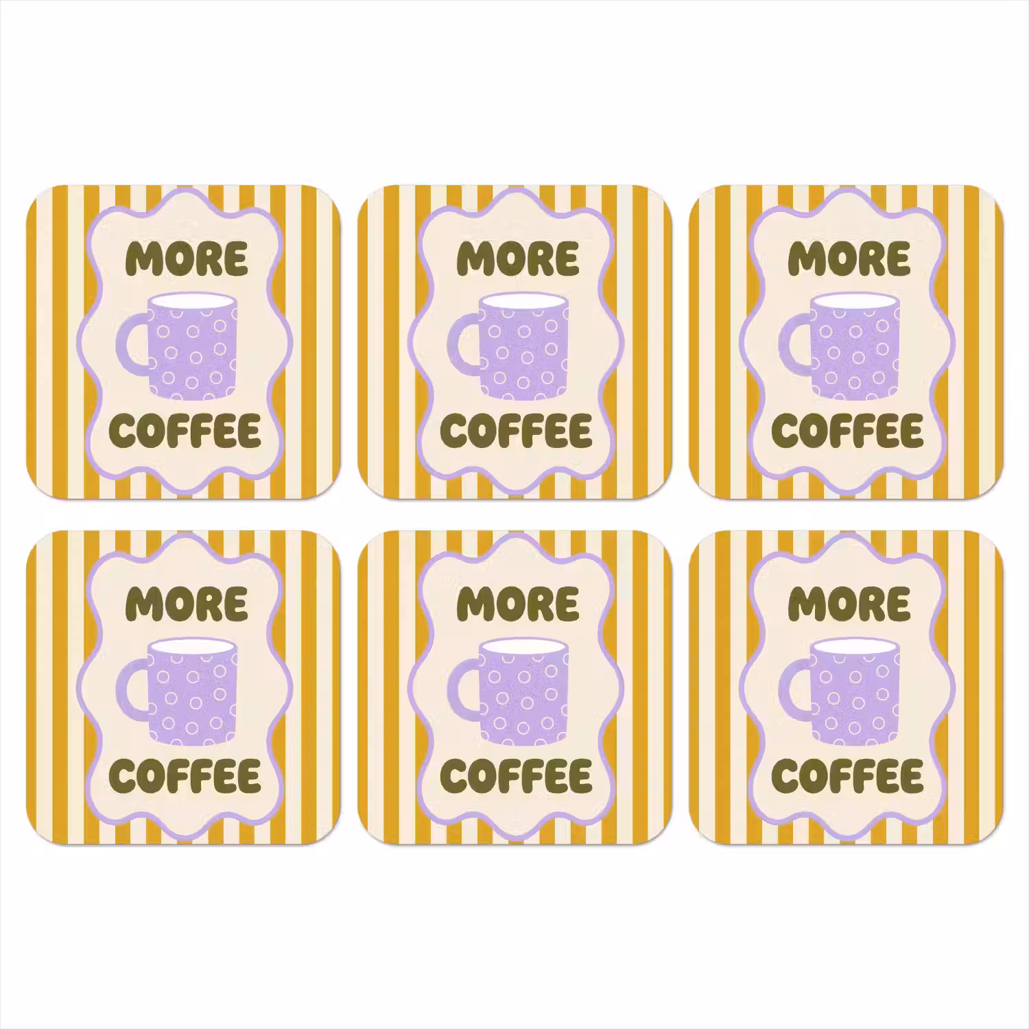 More coffee - Geel - Paars - Strepen - Mok onderzetter kurk middel -3d
