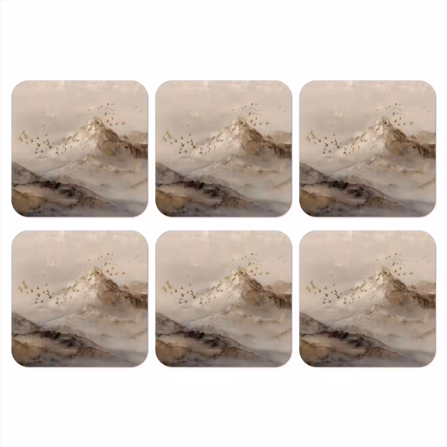 Berglandschap - Mist - Penseelstreken onderzetter kurk middel -3d
