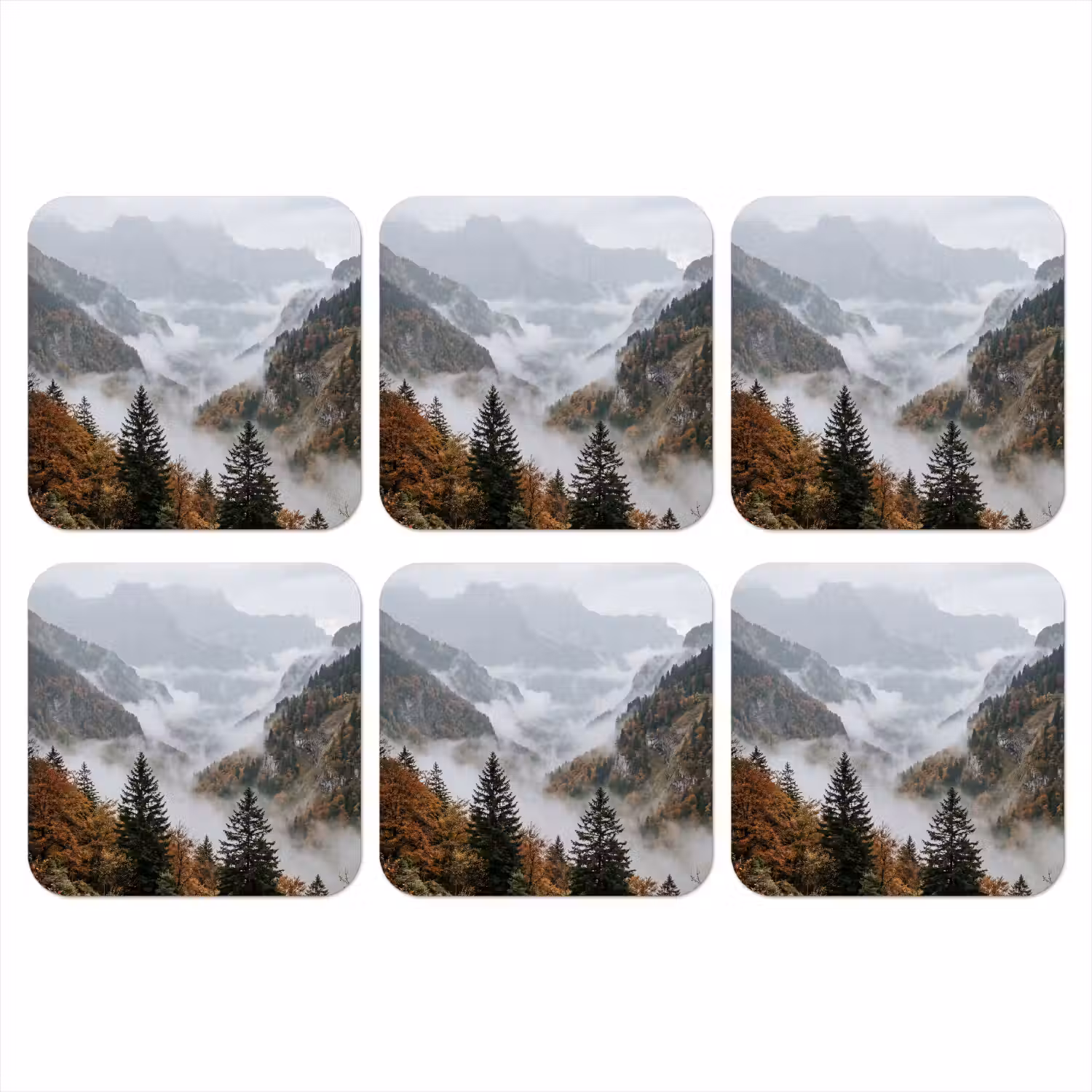 Bergen - Vallei - Mist - Herfst - Natuur onderzetter kurk middel -3d