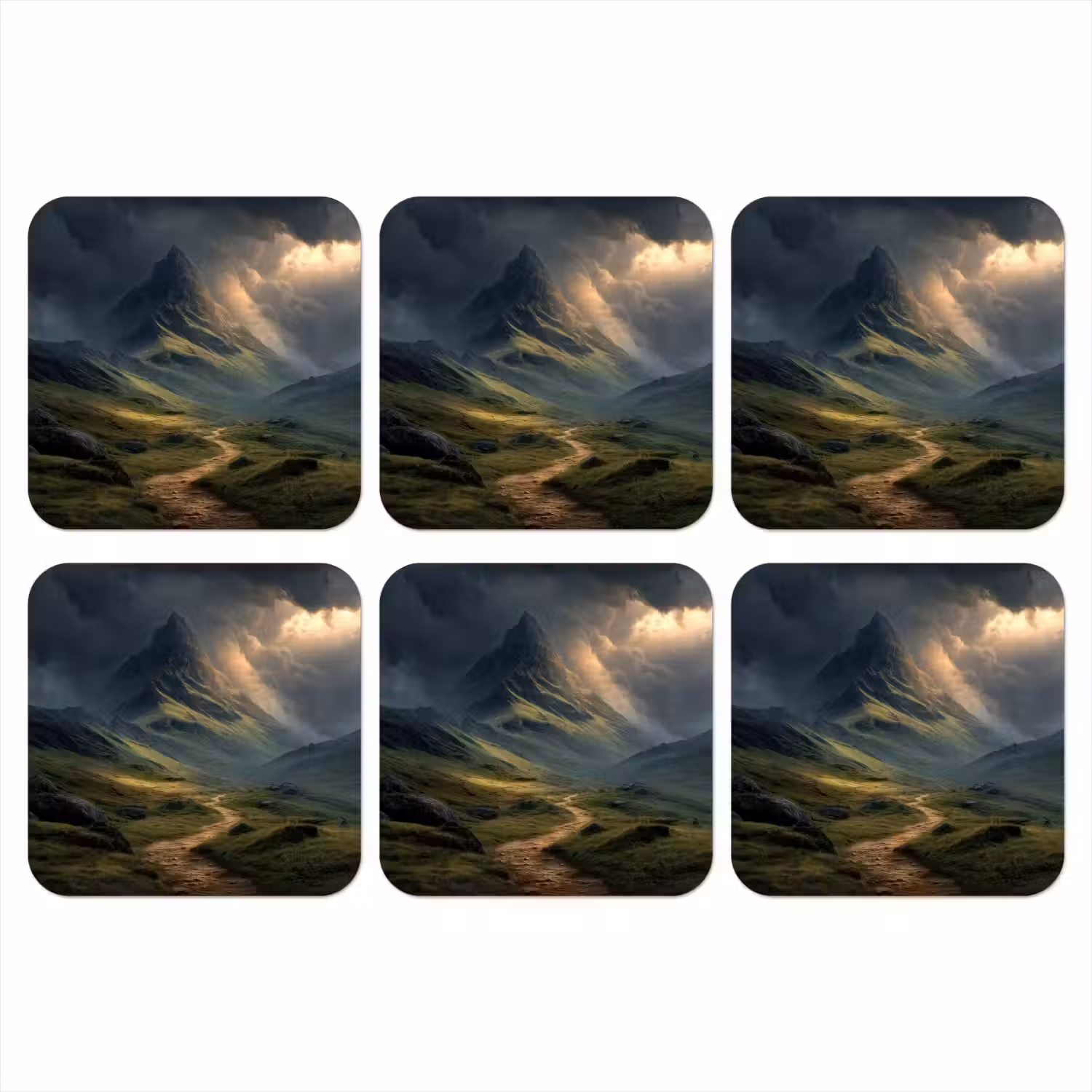 Bergen - Kronkelpad - Groen - Wolken onderzetter kurk middel -3d