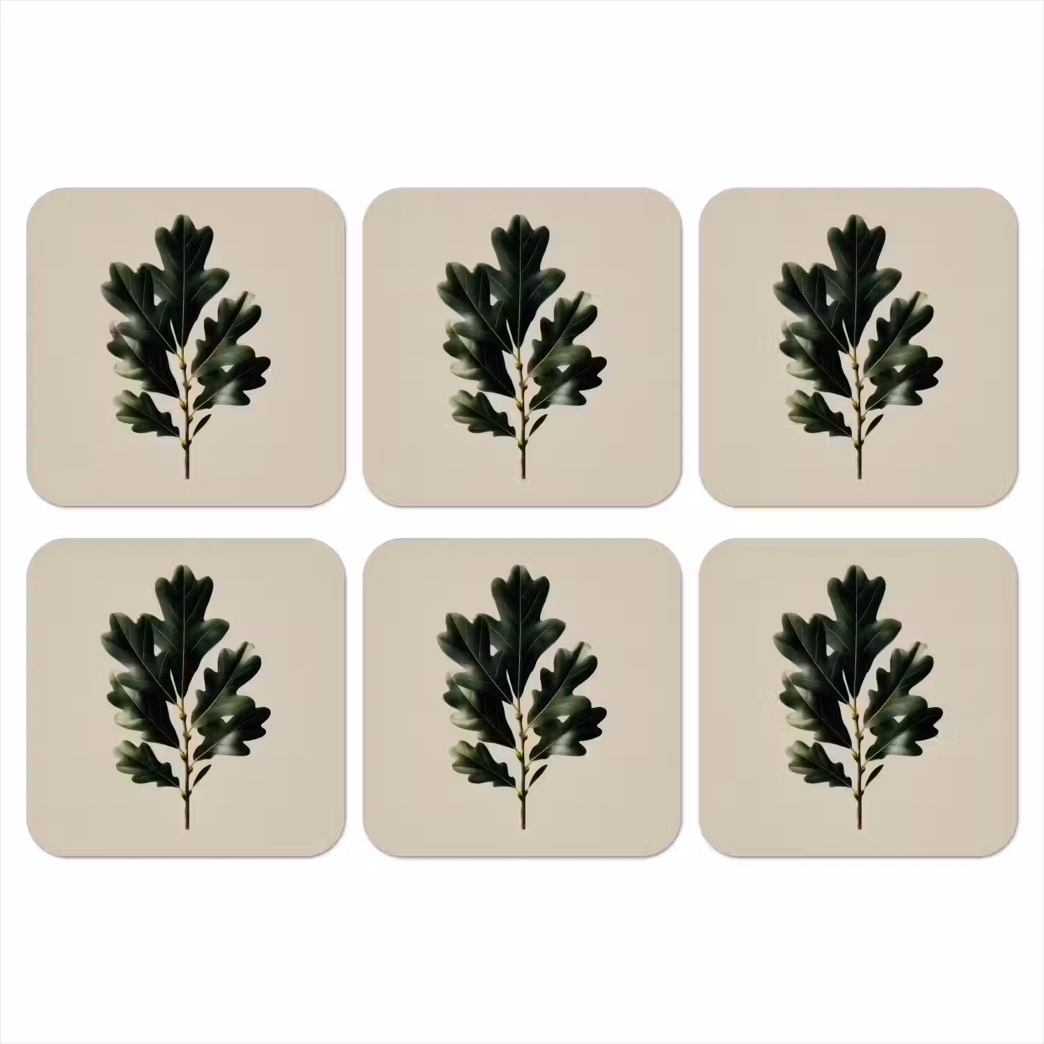 Eikenbladeren - Beige - Groen - Golvende randen onderzetter kurk middel -3d