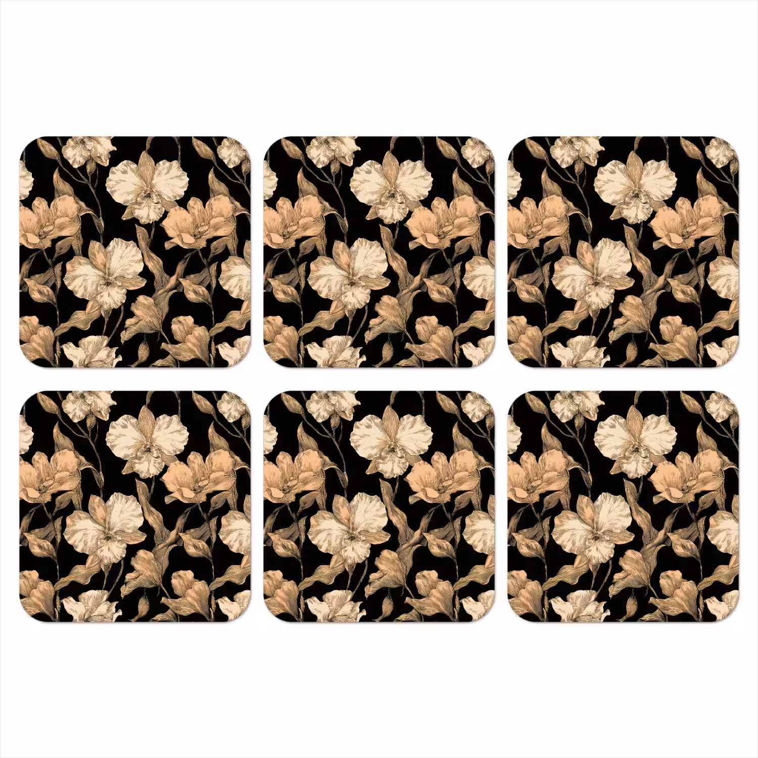 Orchideeën - Lijntekening - Patroon - Beige - Zwart onderzetter kurk middel 366 -3d