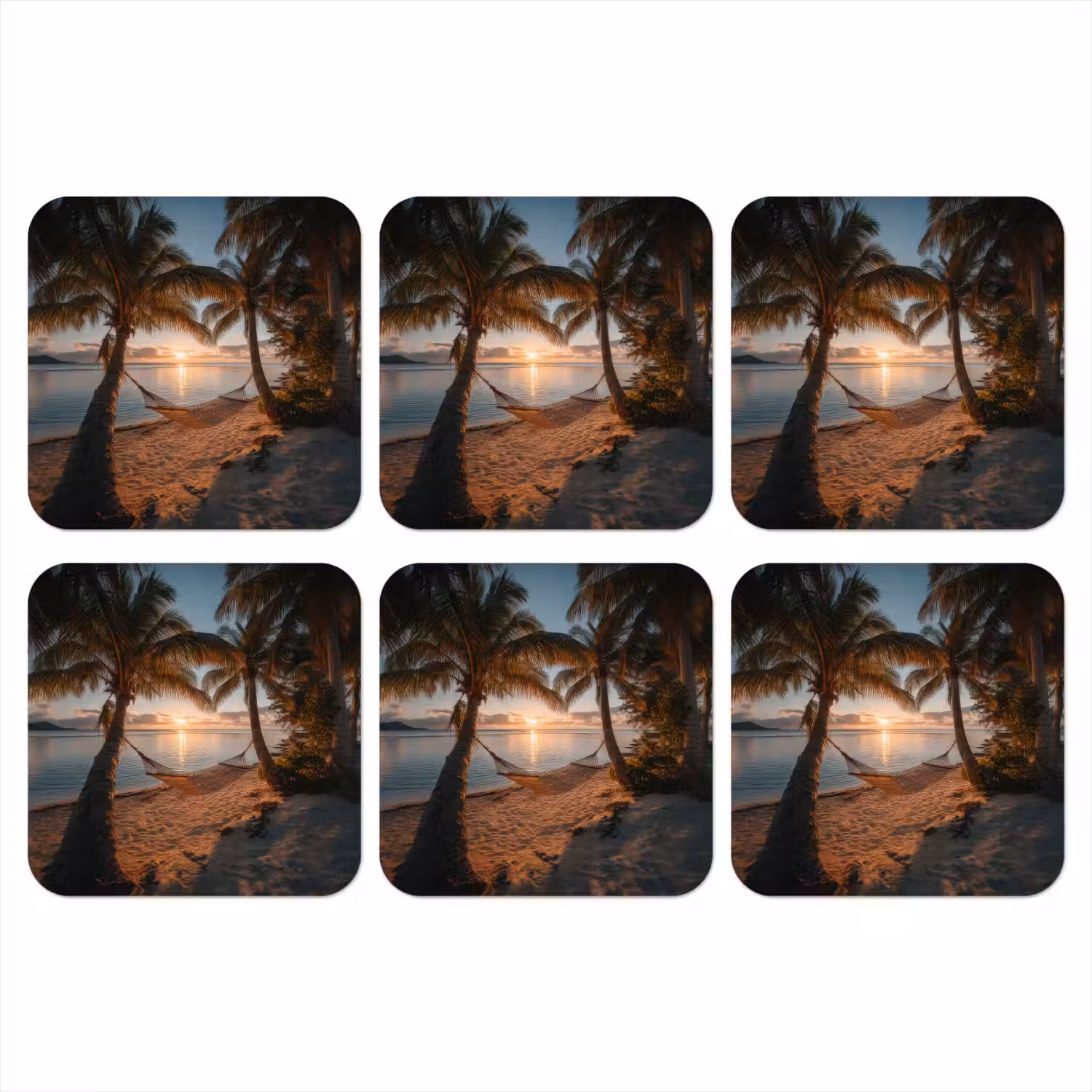 Palmbomen - Hangmat - Strand - Zonsondergang onderzetter kurk middel -3d