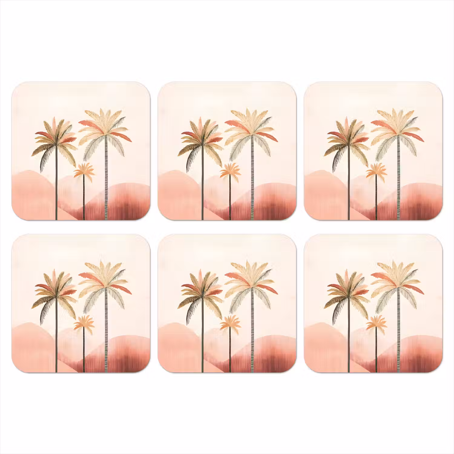Palmbomen - Heuvels - Minimalistisch - Zachtroze onderzetter kurk middel -3d