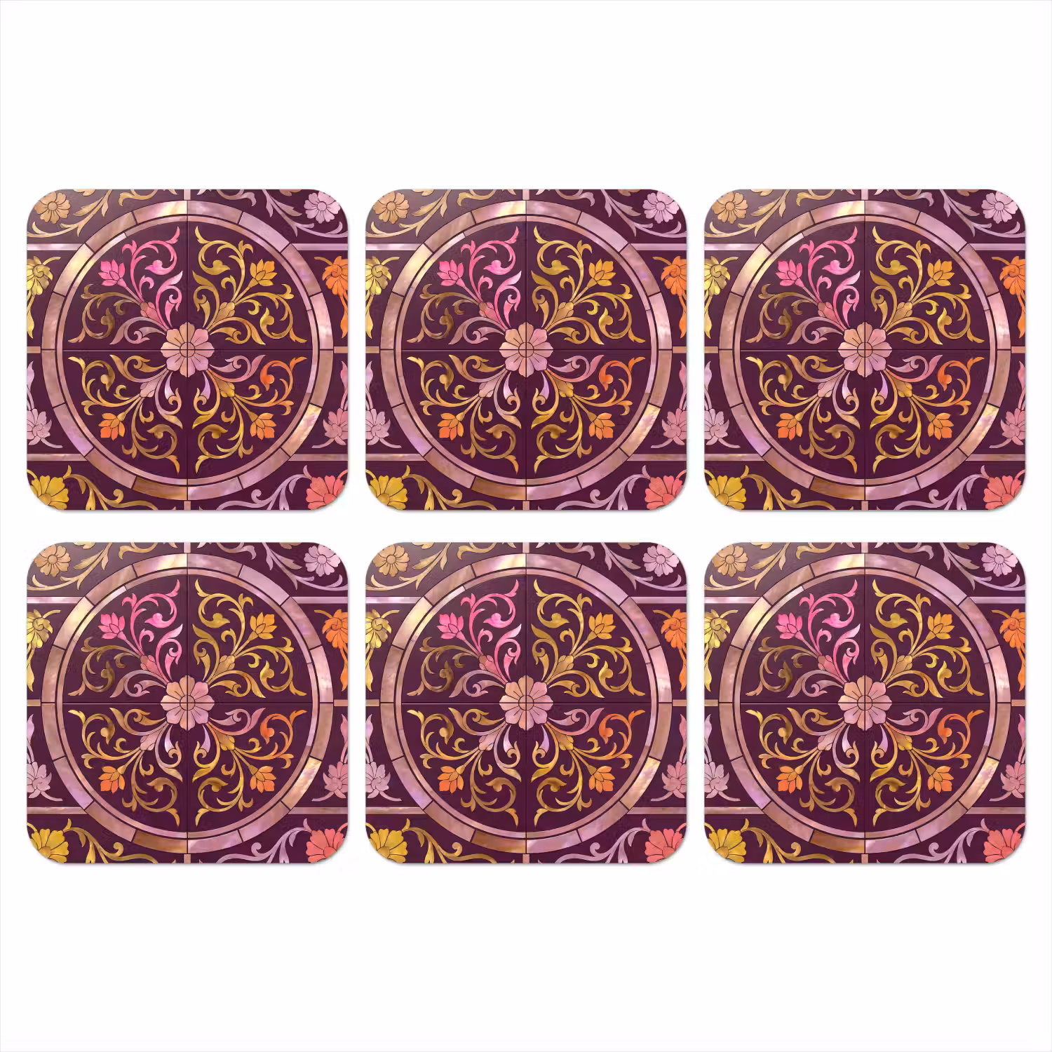 Patroon - Floraal - Oosters - Paars - Goud onderzetter kurk middel -3d