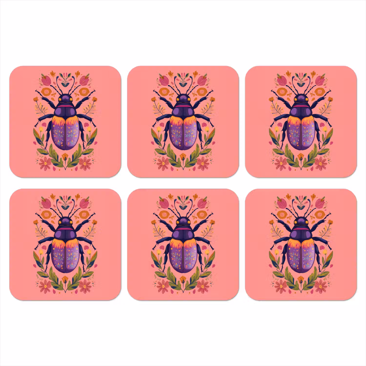 Paars - Kever - Stipjes - Bloemen onderzetter kurk middel -3d