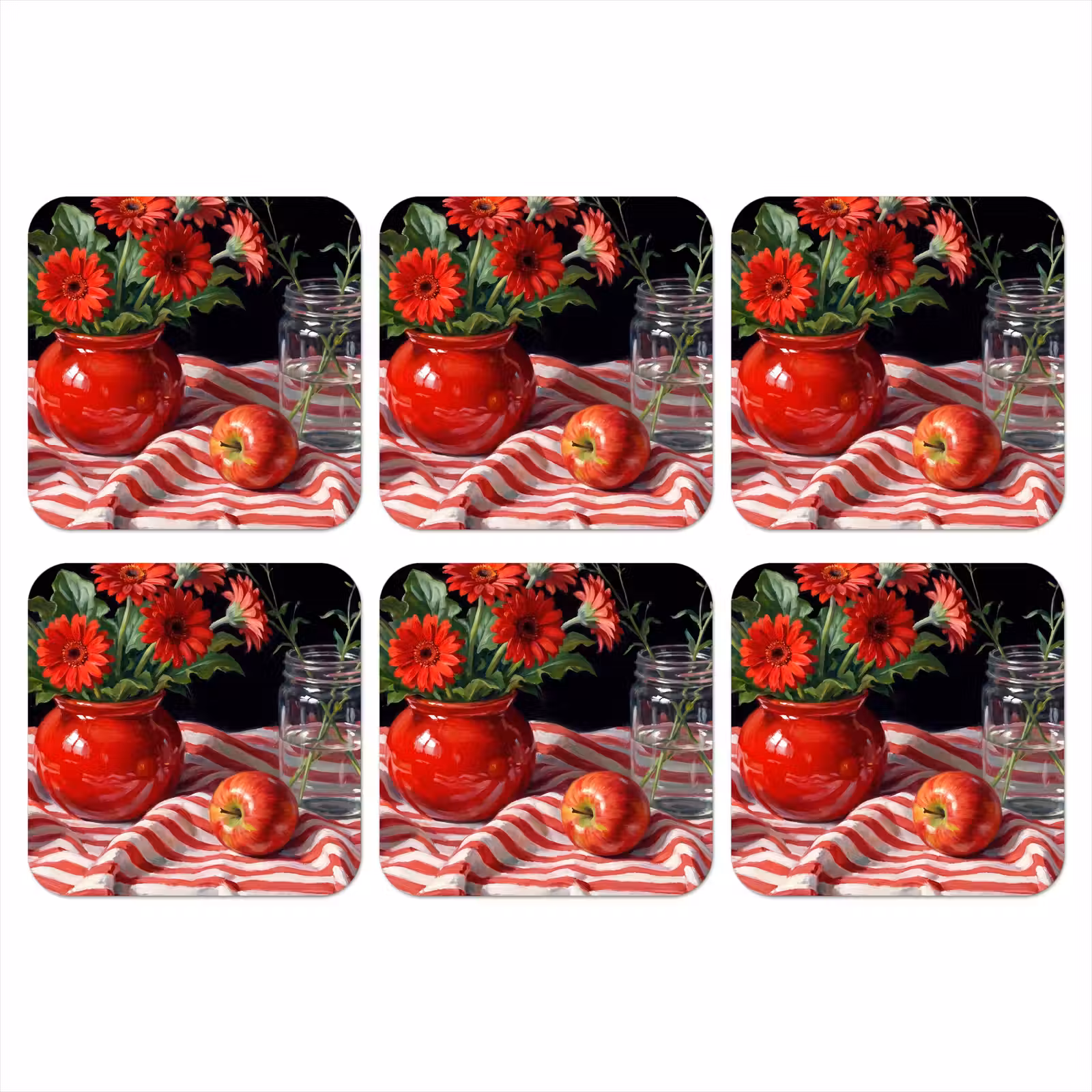 Coaster - Red Flowers - Vase - Rode bloemen - Vaas onderzetter kurk middel