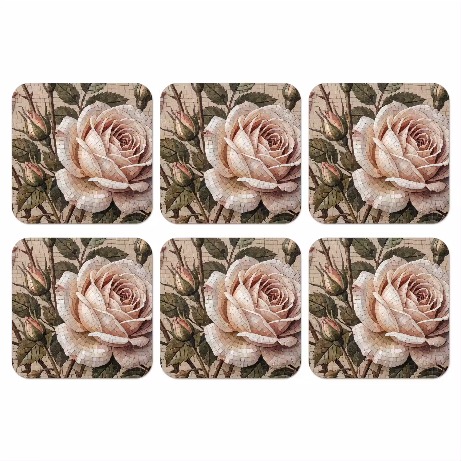 Roos - Mozaïek - Bloemen - Klassiek - Beige onderzetter kurk middel -3d