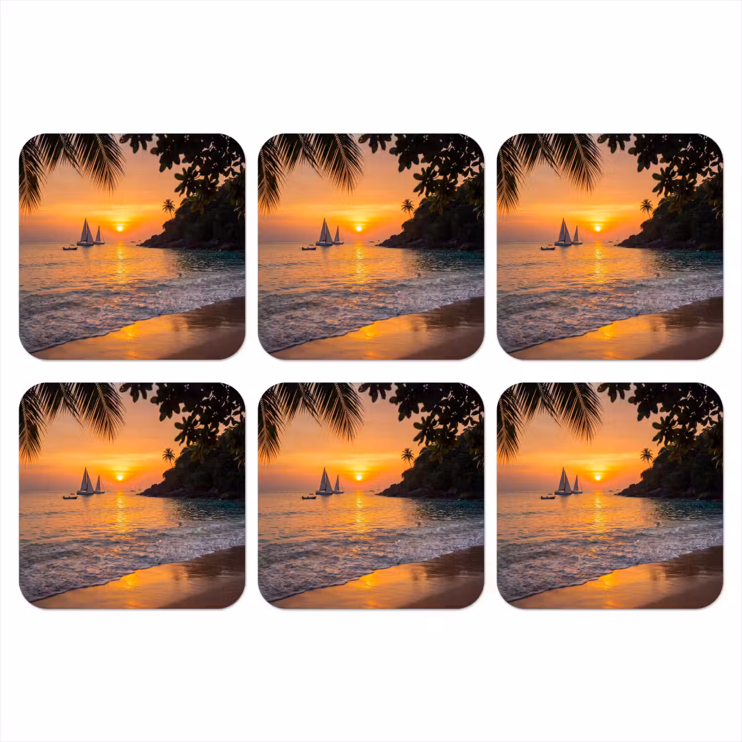Zee - Zonsondergang - Boot - Natuur - Oranje onderzetter kurk middel -3d