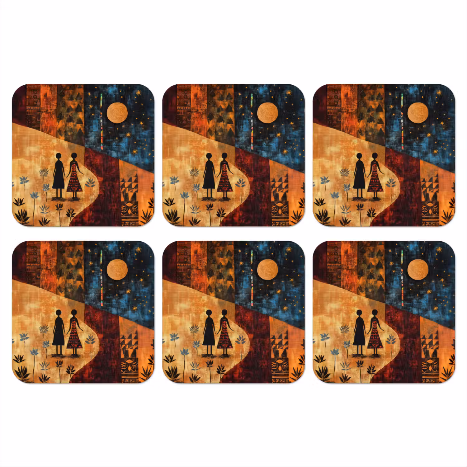 Silhouetten - Abstract - Zon - Maan onderzetter kurk middel -3d