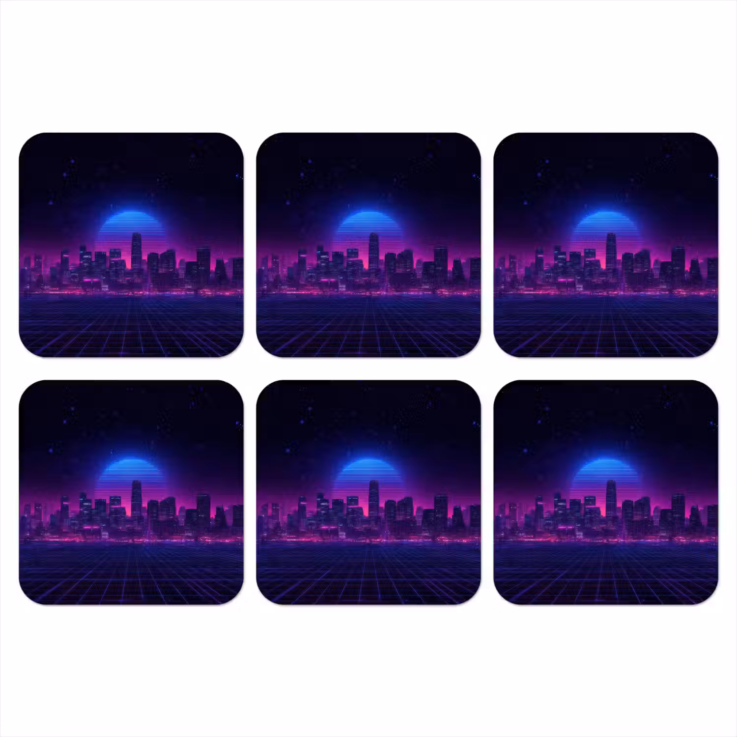 Skyline - Zon - Neon - Rasterpatroon onderzetter kurk middel -3d