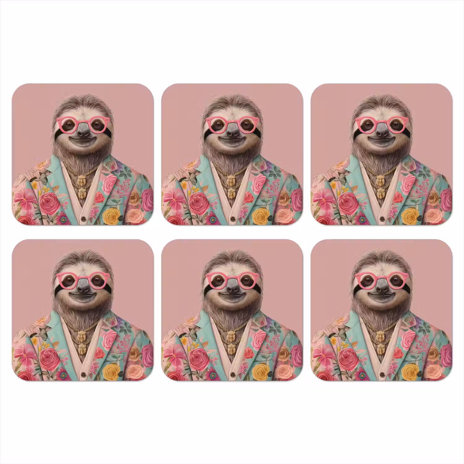 Luiaard - Bloemenprint - Bril - Roze onderzetter kurk middel -3d