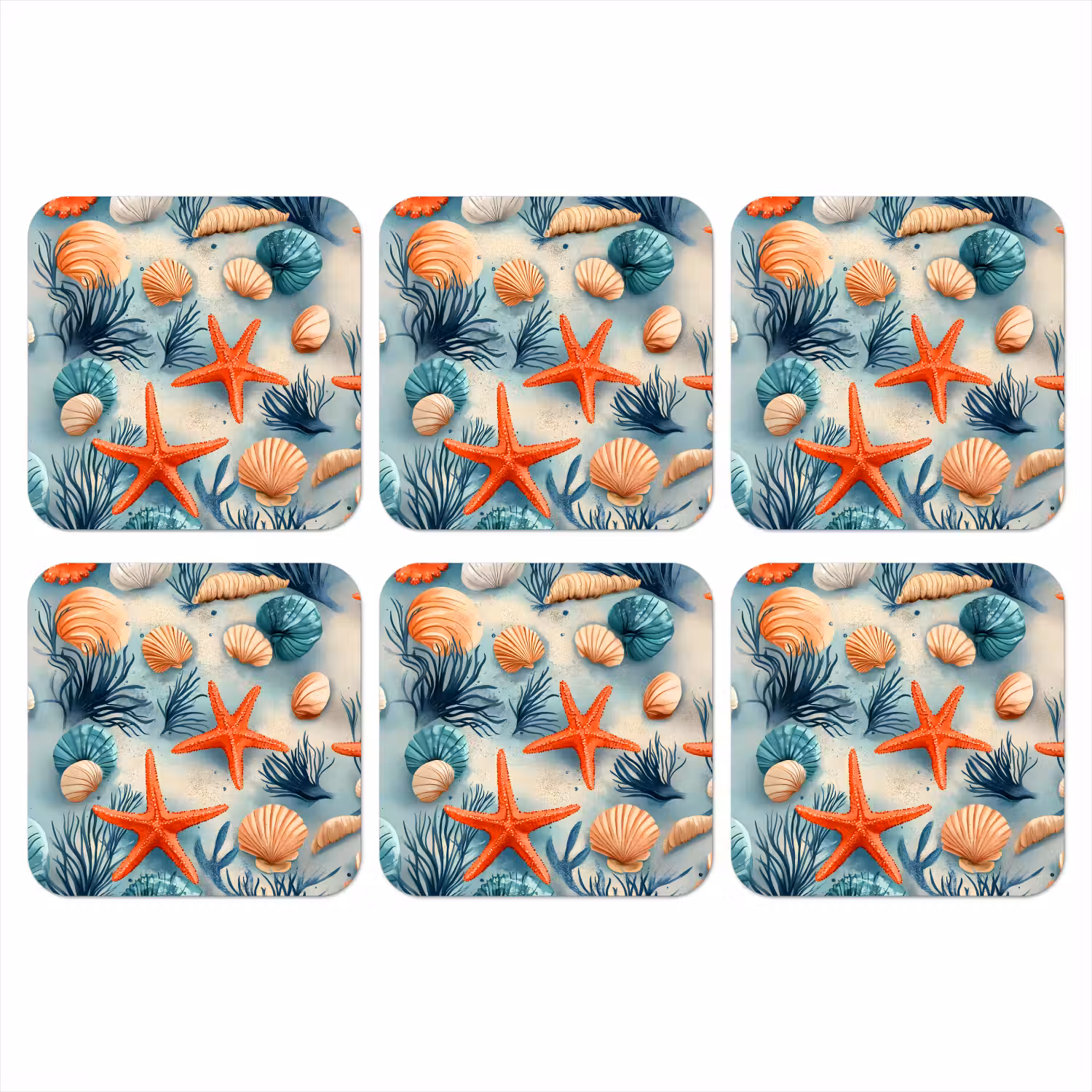 Zeesterren - Schelpen - Illustratie - Zand onderzetter kurk middel -3d