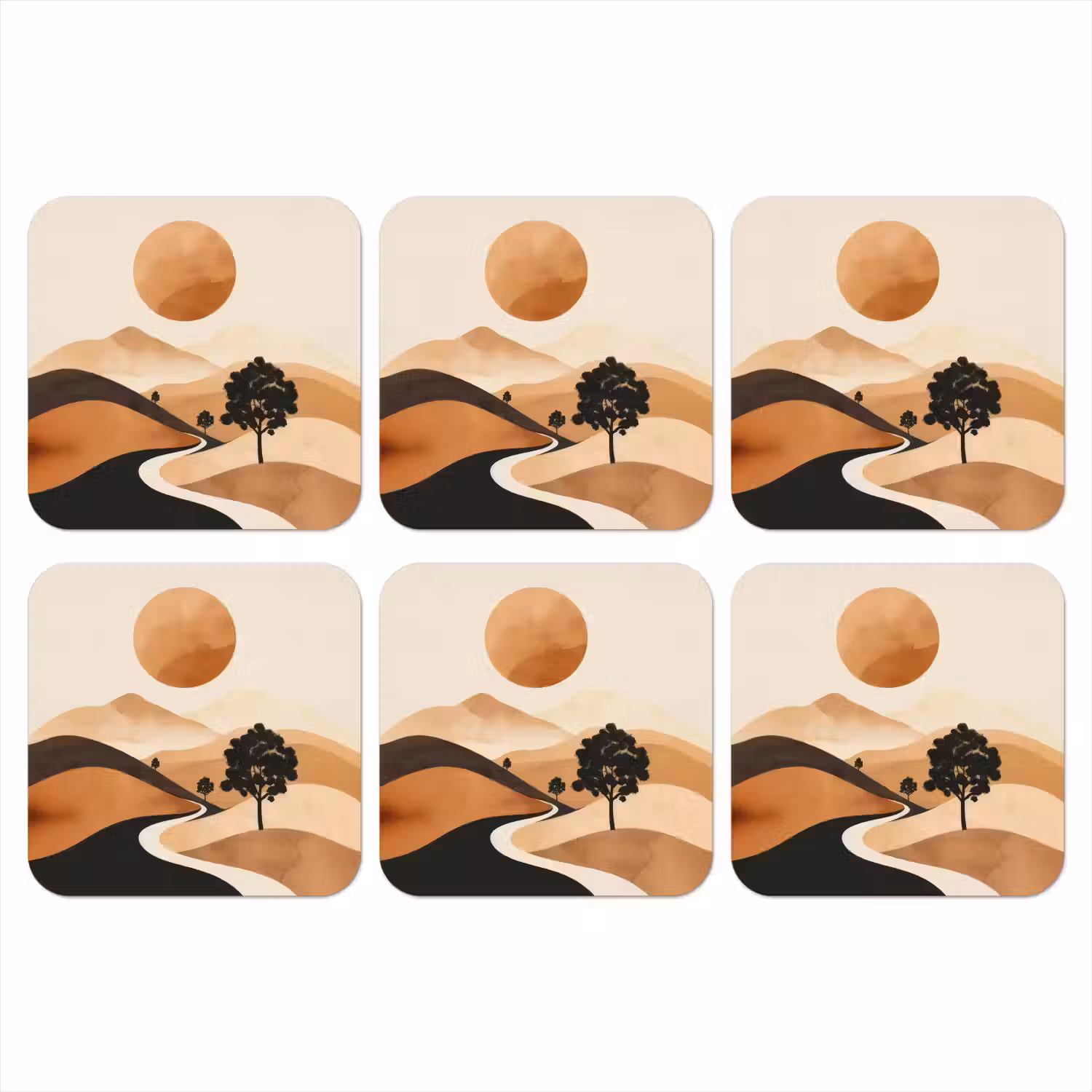 Zon - Heuvels - Boom - Abstract onderzetter kurk middel -3d