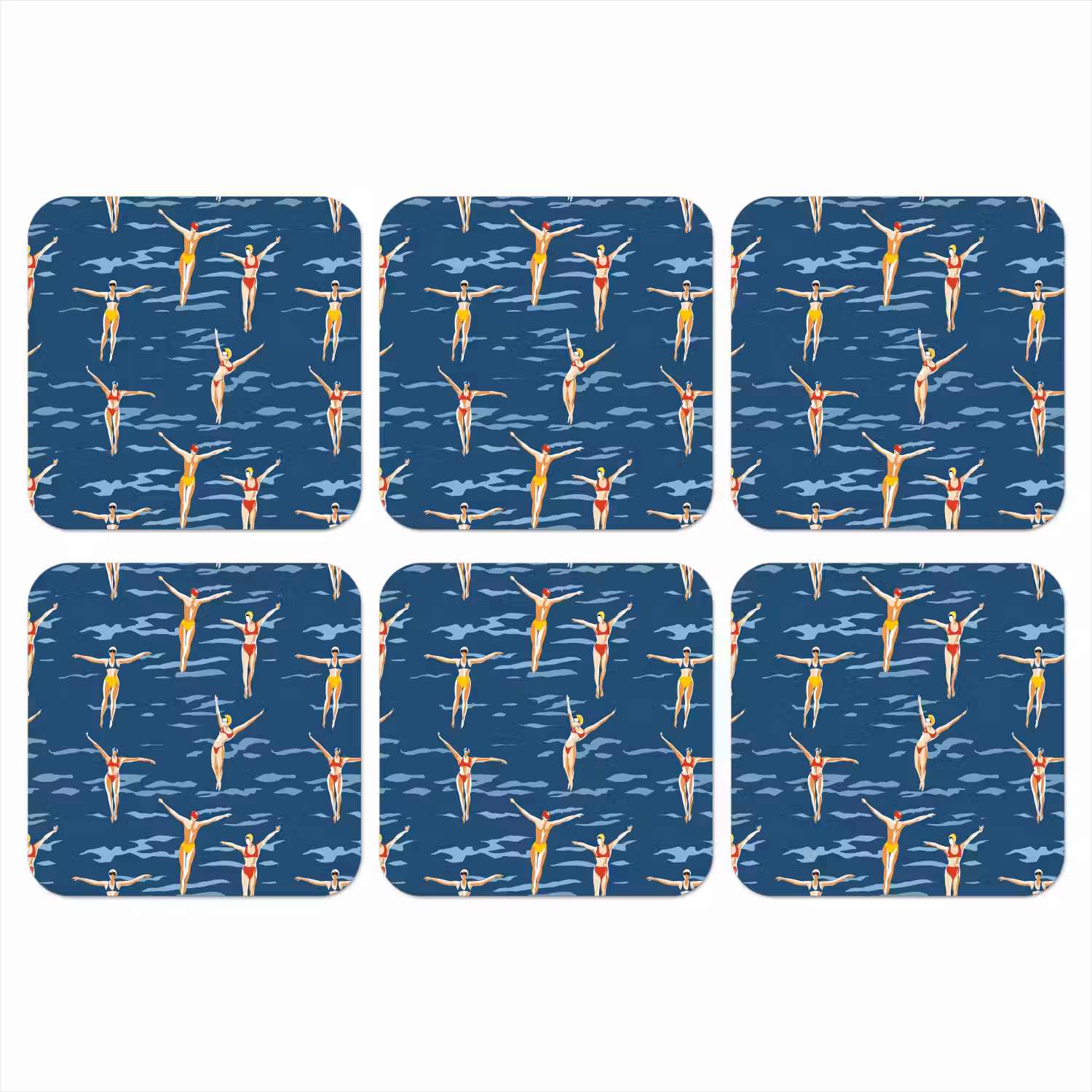 Zwemsters- Retro - Blauw onderzetter kurk middel 366 -3d
