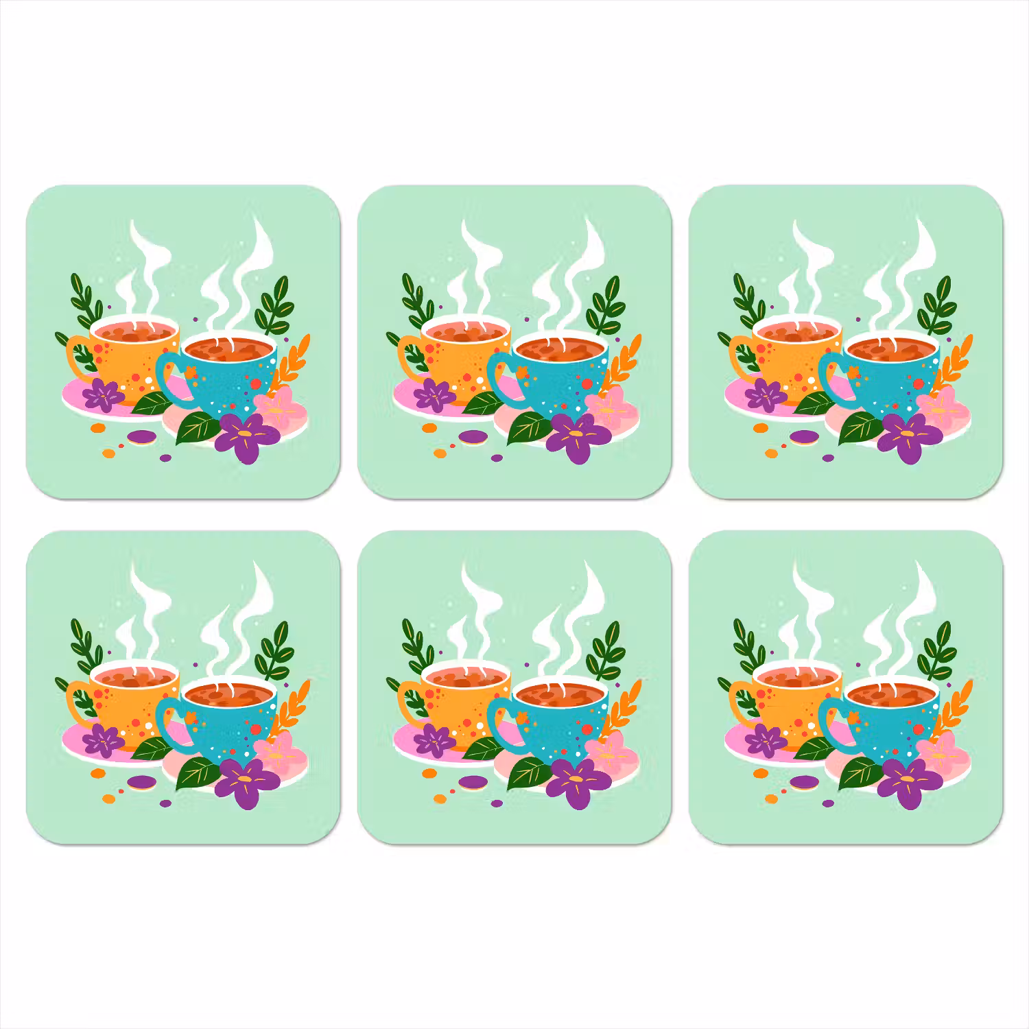 Thee - Illustratie - Kopjes - Bloemen onderzetter kurk middel -3d