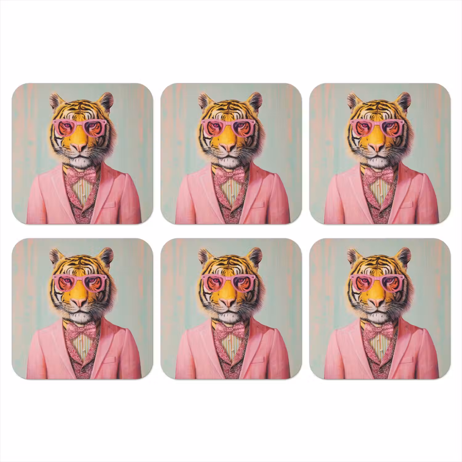 Tijger - Strik - Jasje - Roze onderzetter kurk middel -3d