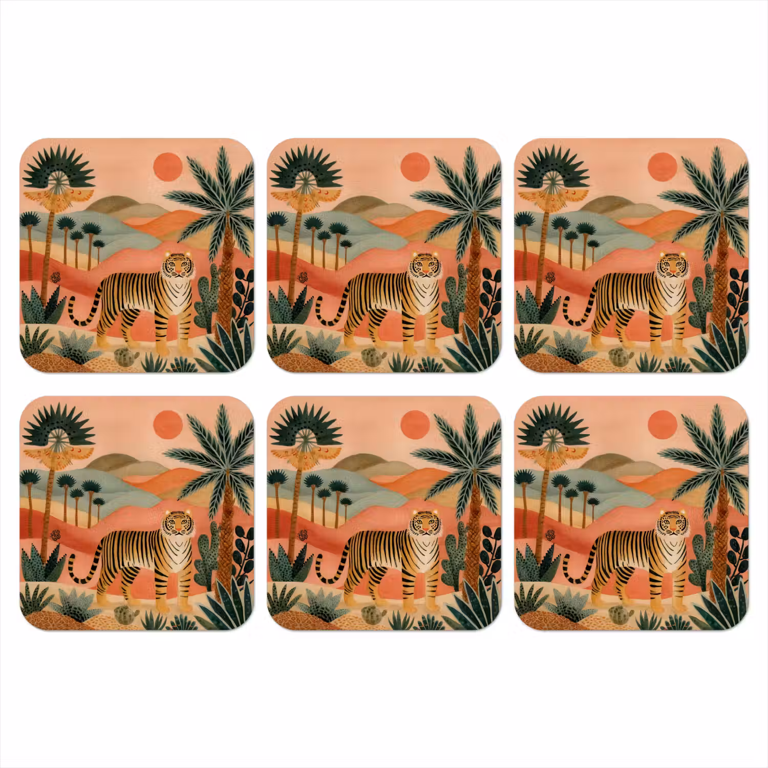 Tijger - Kleurrijk - Palmen - Cactus onderzetter kurk middel -3d