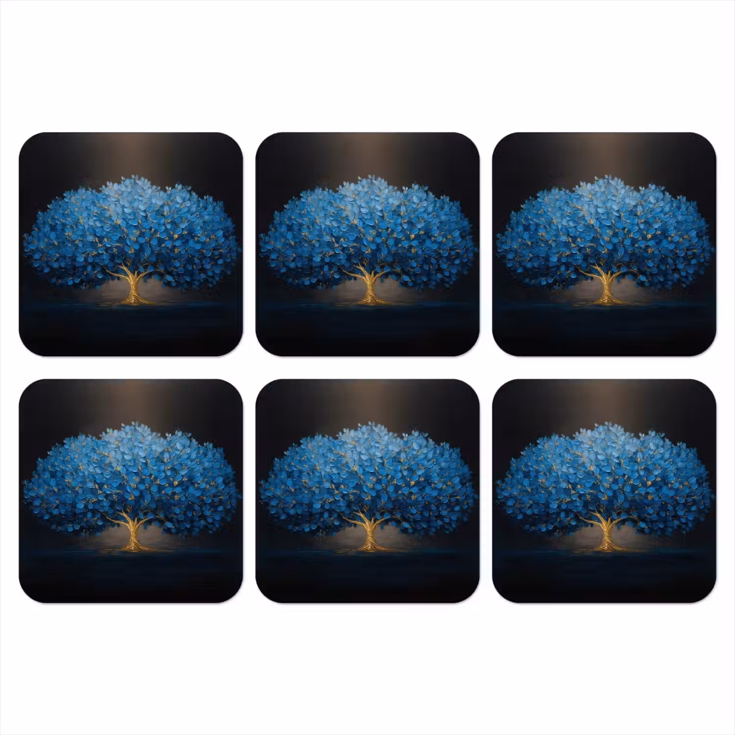 Boom - Blauw - Bladeren - Penseelstreken onderzetter kurk middel -3d