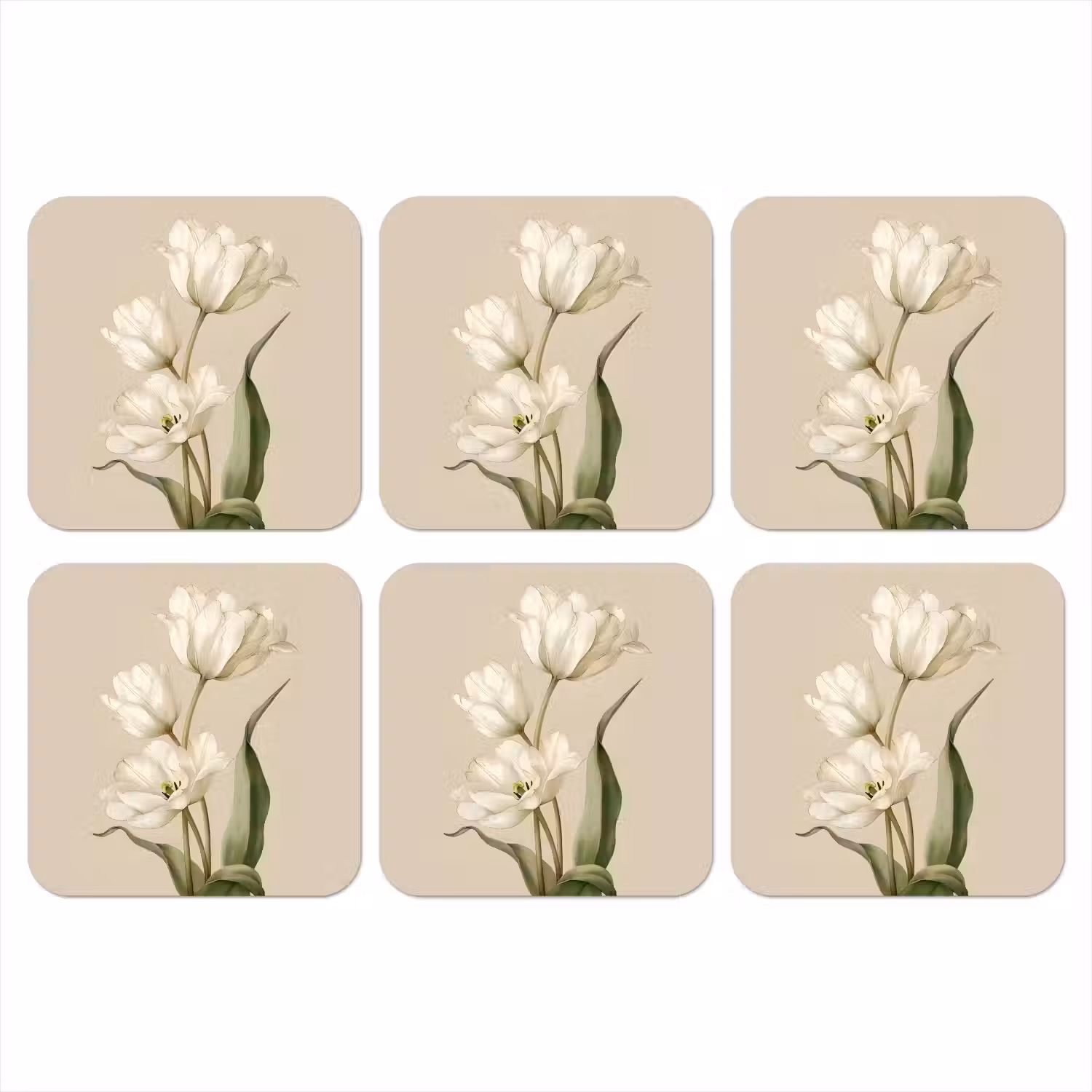 Tulpen - Wit - Bladeren onderzetter kurk middel -3d