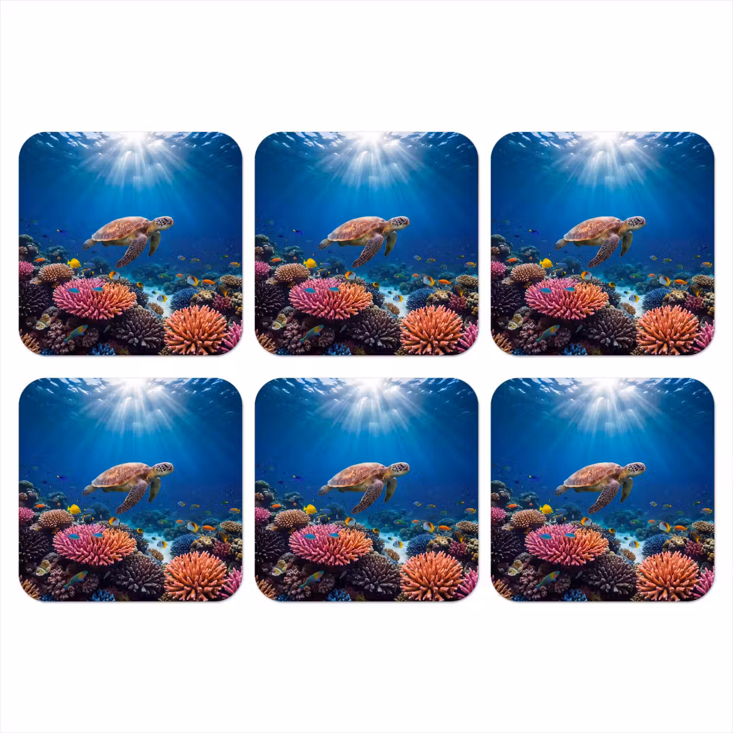 Schildpad - Koraalrif - Oceaan - Dieren - Blauw onderzetter kurk middel -3d