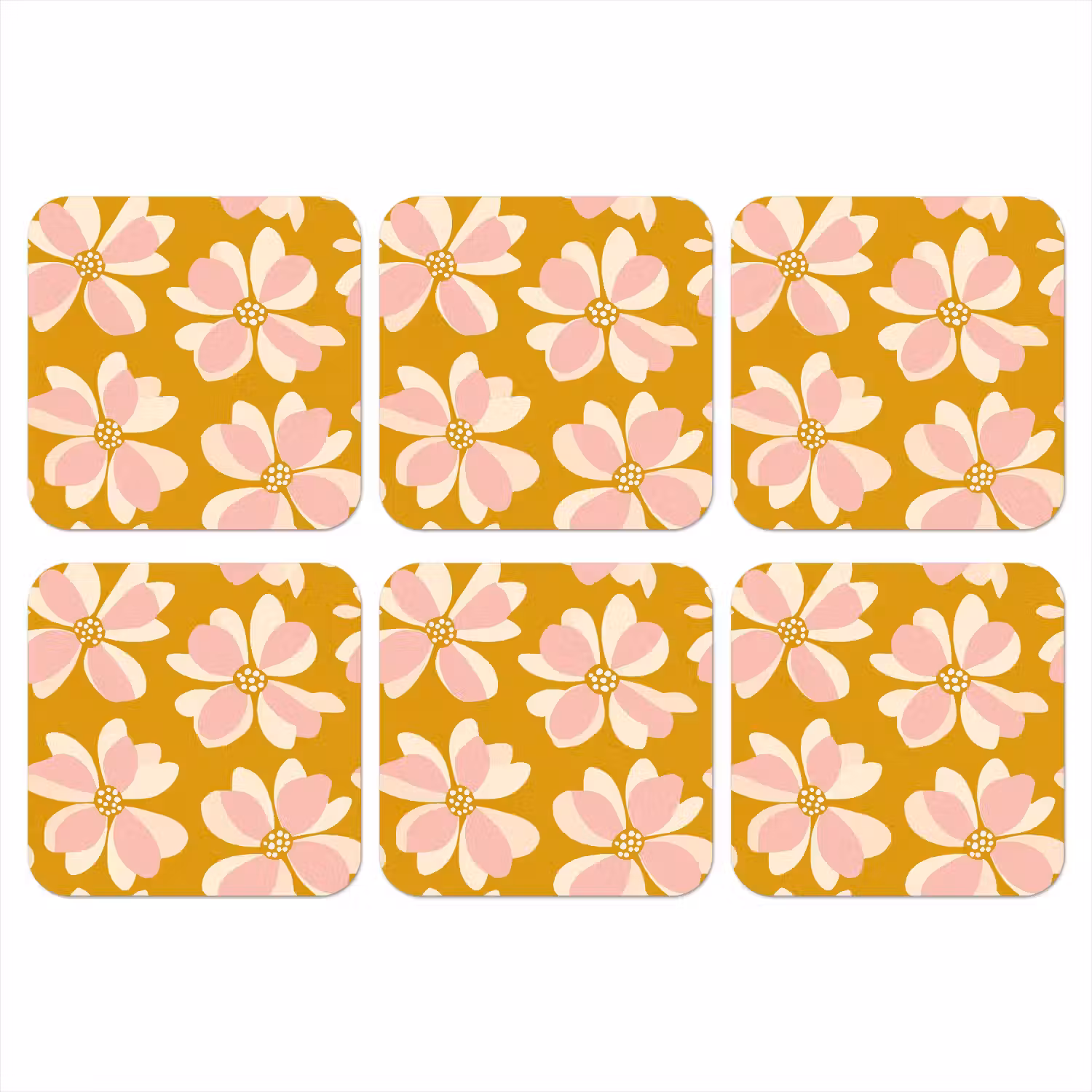 Vintage - Bloemen - Okergeel onderzetter kurk middel 366 -3d