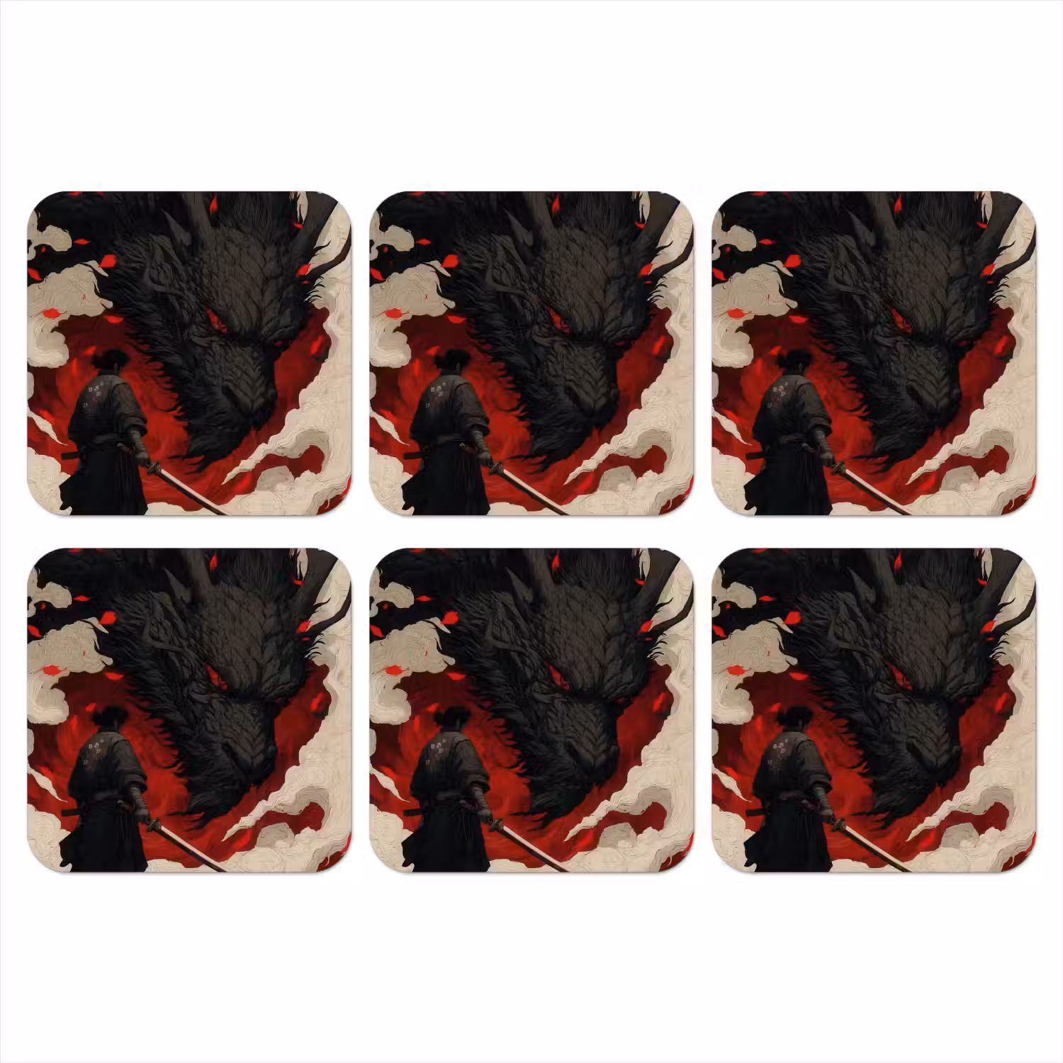 Krijger - Draak - Zwart - Rood - Rook onderzetter kurk middel -3d