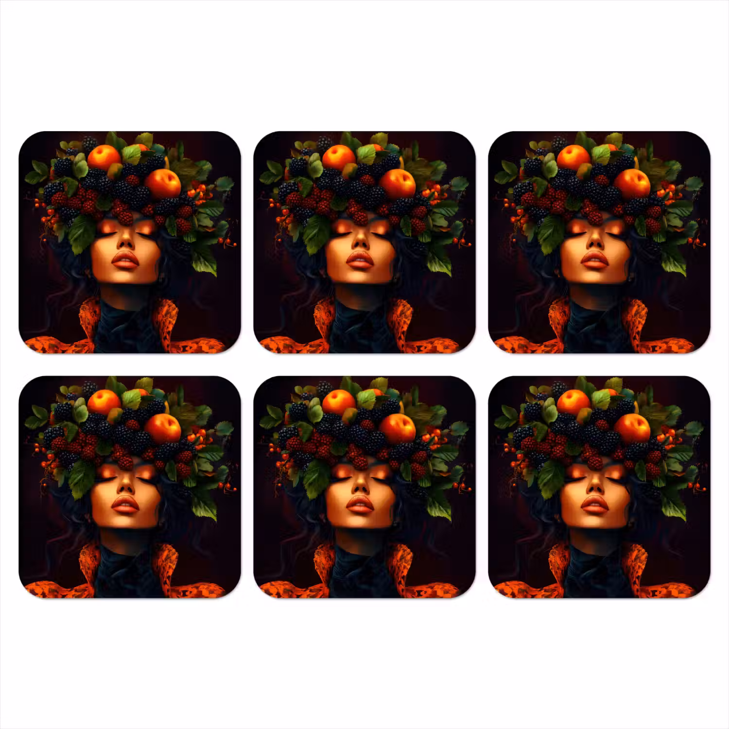 Vrouw - Zwart - Bessen - Bramen - Appels onderzetter kurk middel -3d