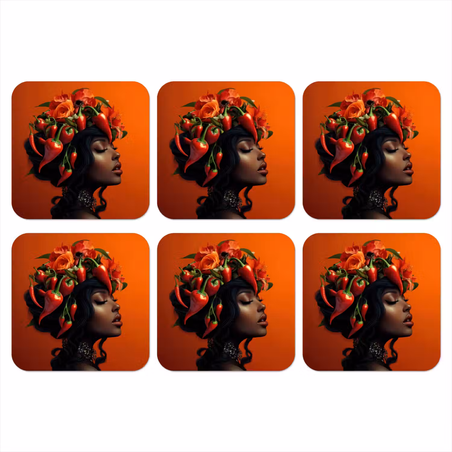 Vrouw - Chilipepers - Pepers - Bloemen onderzetter kurk middel -3d