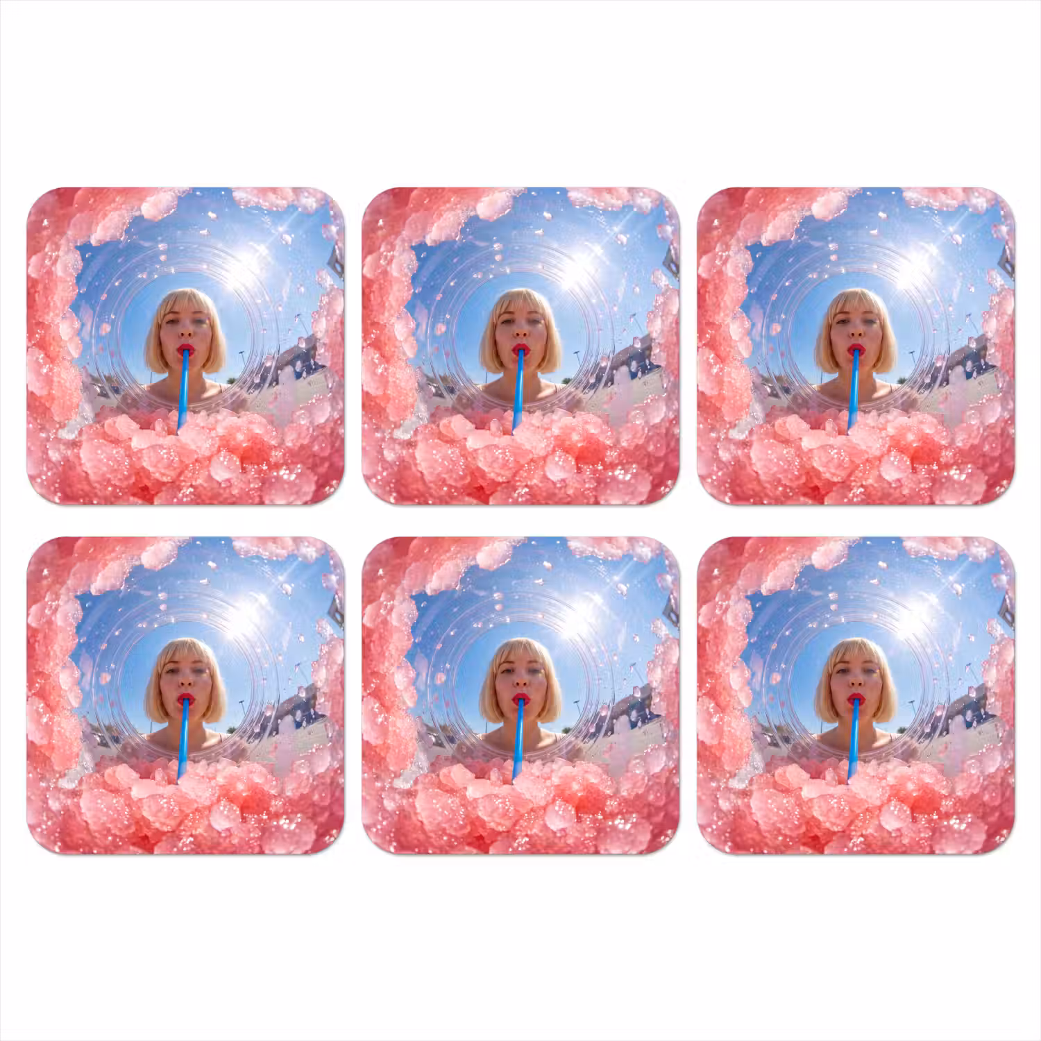 Vrouw - Drank - Zomer - Roze - Blauw onderzetter kurk middel -3d