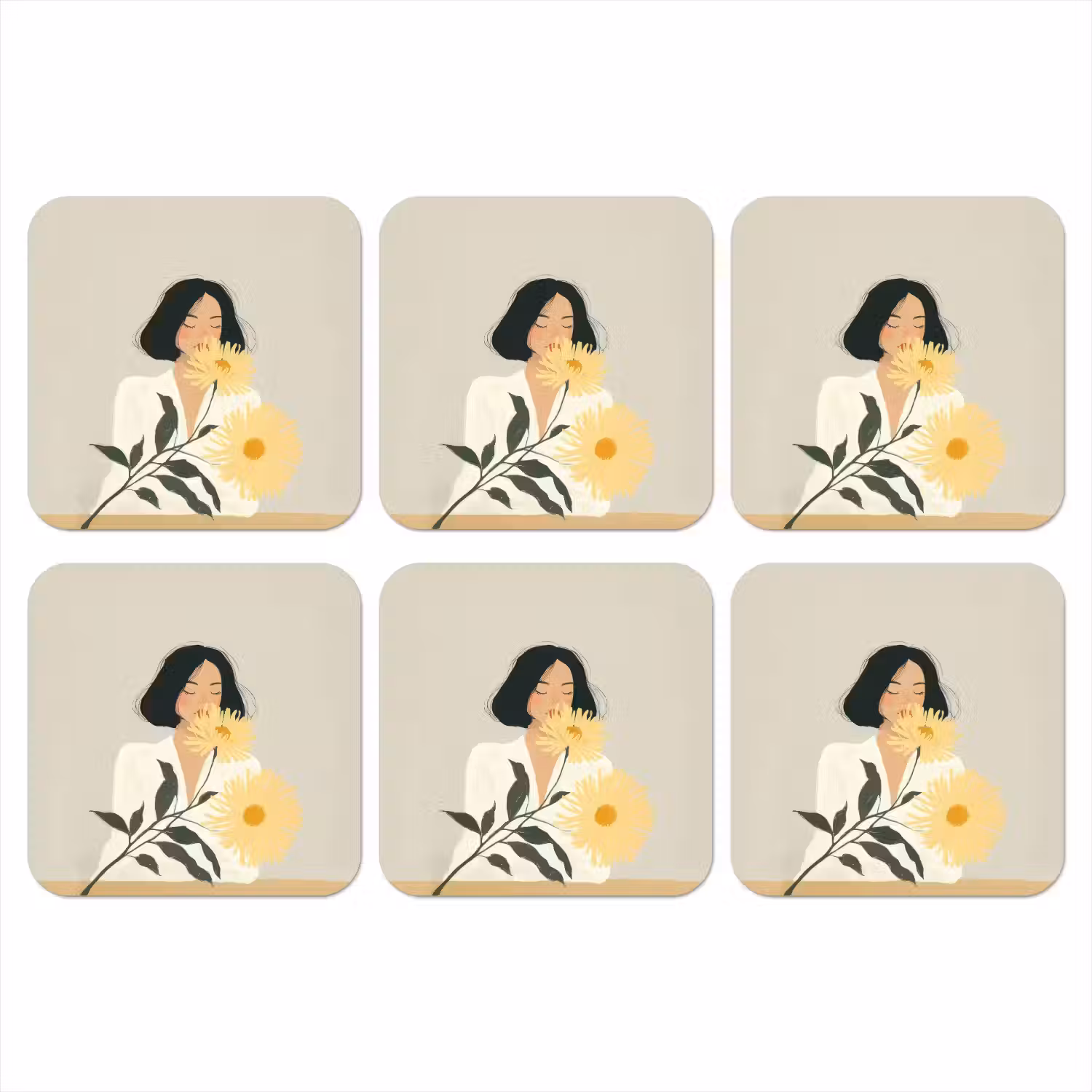 Vrouw - Bloem - Geel - Minimalistisch onderzetter kurk middel -3d