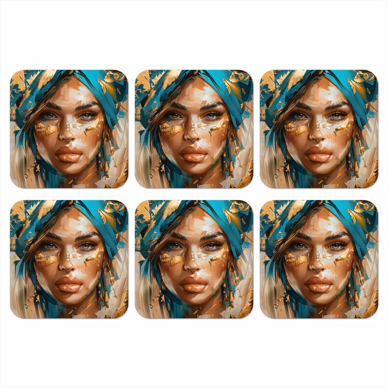 Vrouw - Portret - Goud - Luxe - Blauw onderzetter kurk middel -3d