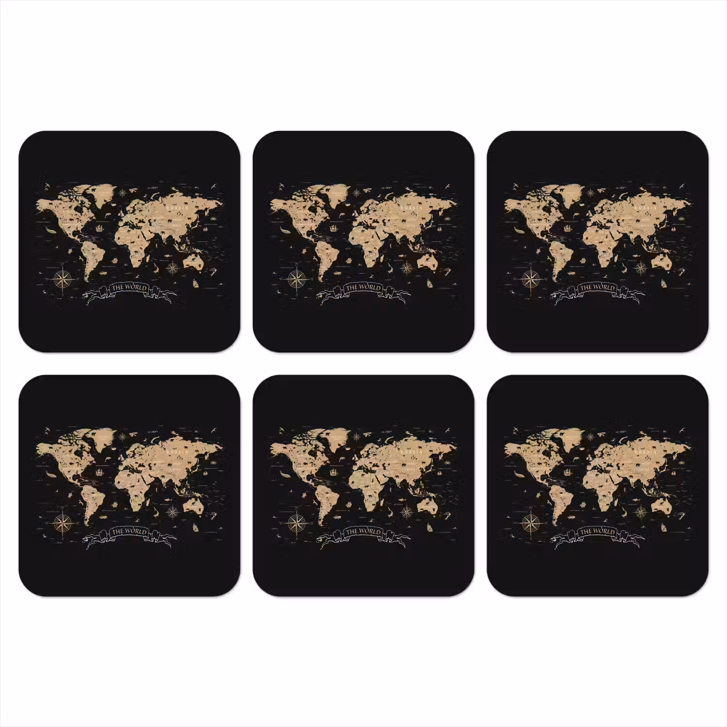 Wereldkaart - Beige - Zwart onderzetter kurk middel -3d