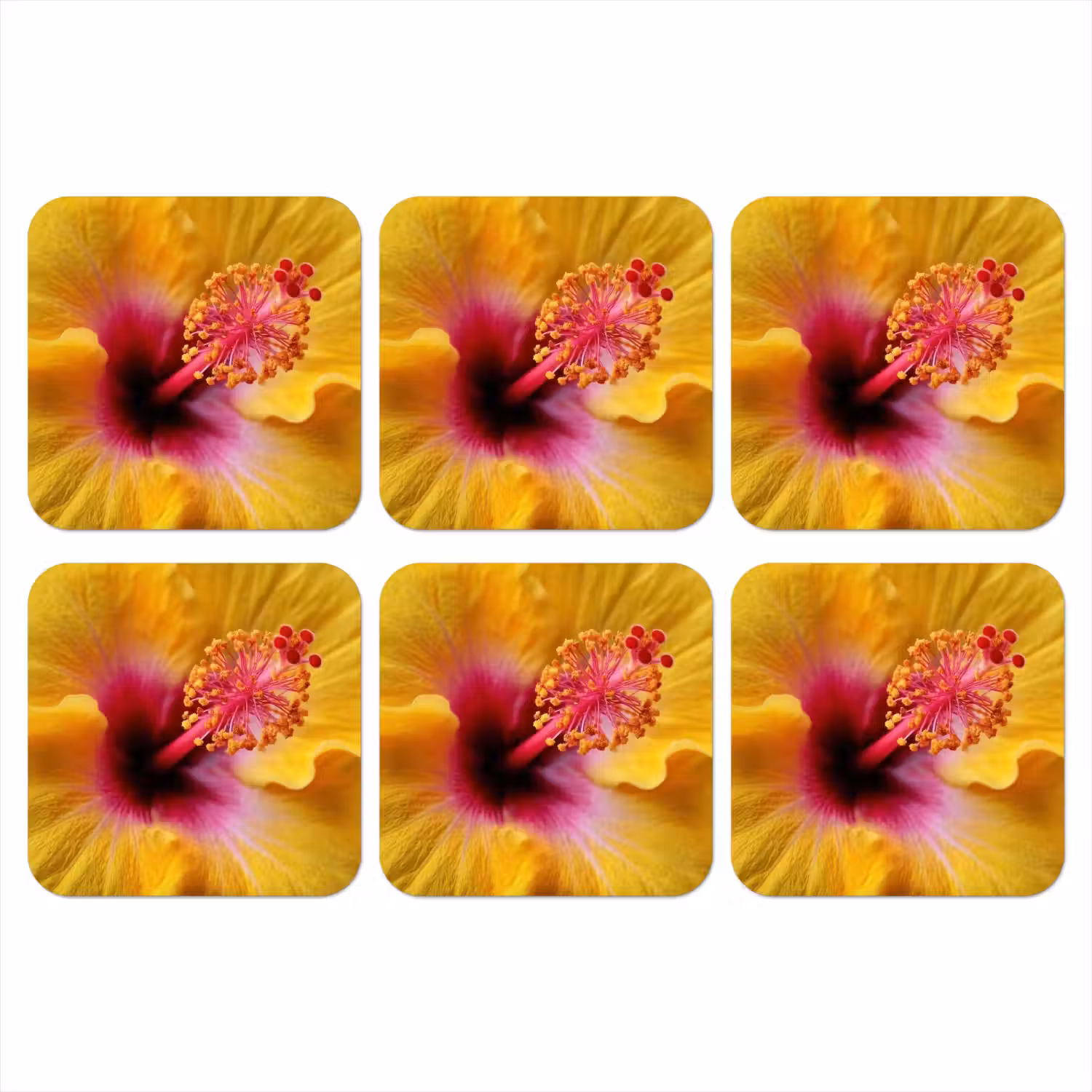 Geel - Hibiscus - Tropisch onderzetter kurk middel -3d